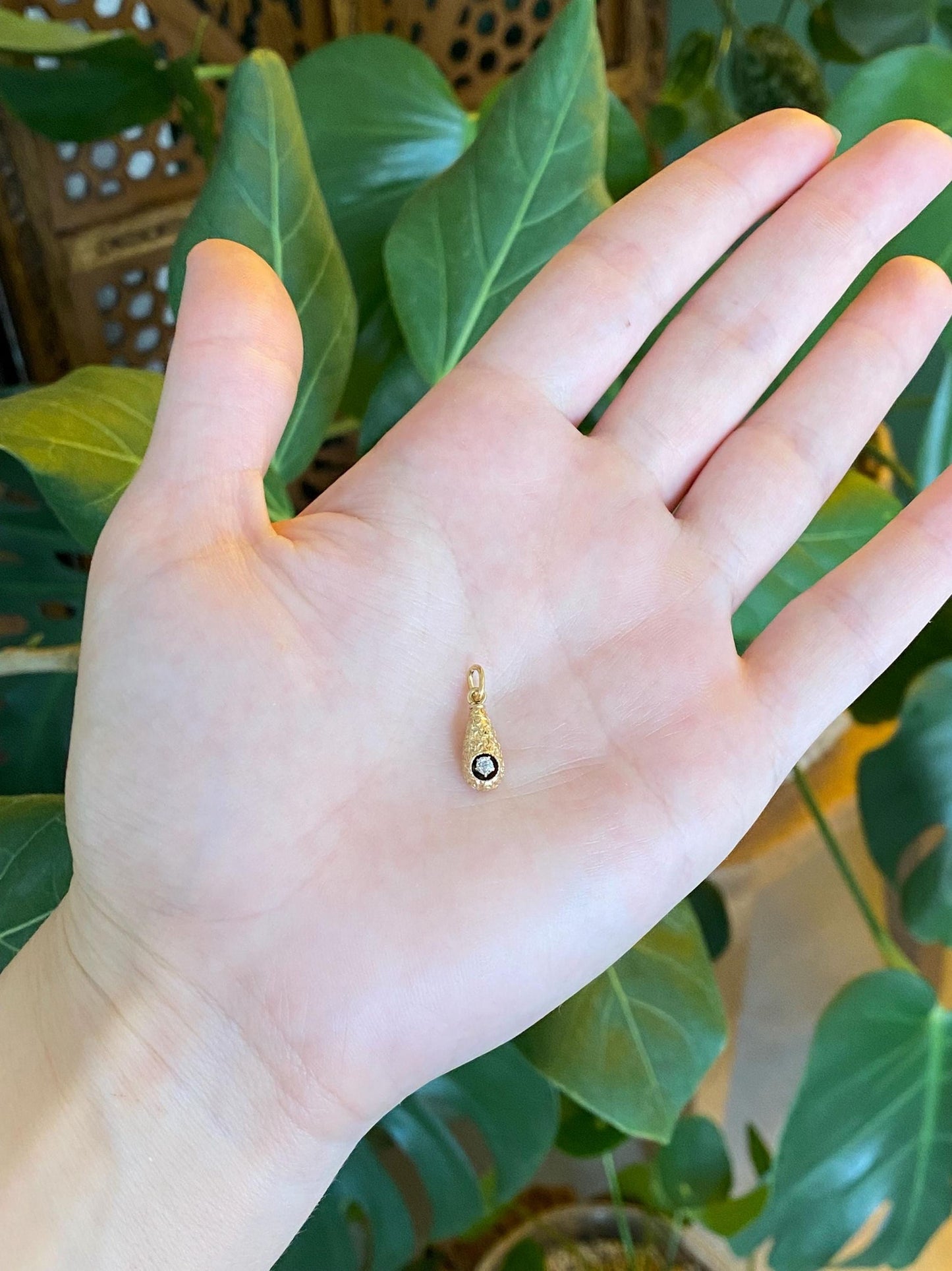 Vintage 18k Yellow Gold Old Mine Cut Diamond Embossed Texture Teardrop Stick Pin Conversion Charm