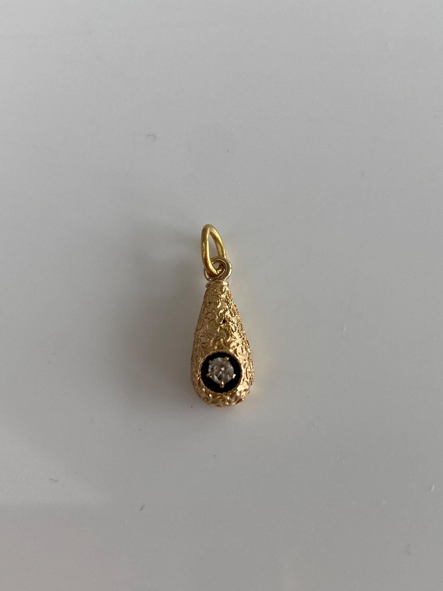 Vintage 18k Yellow Gold Old Mine Cut Diamond Embossed Texture Teardrop Stick Pin Conversion Charm