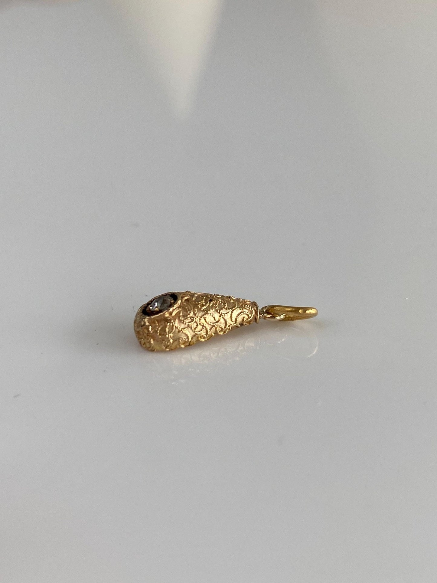 Vintage 18k Yellow Gold Old Mine Cut Diamond Embossed Texture Teardrop Stick Pin Conversion Charm