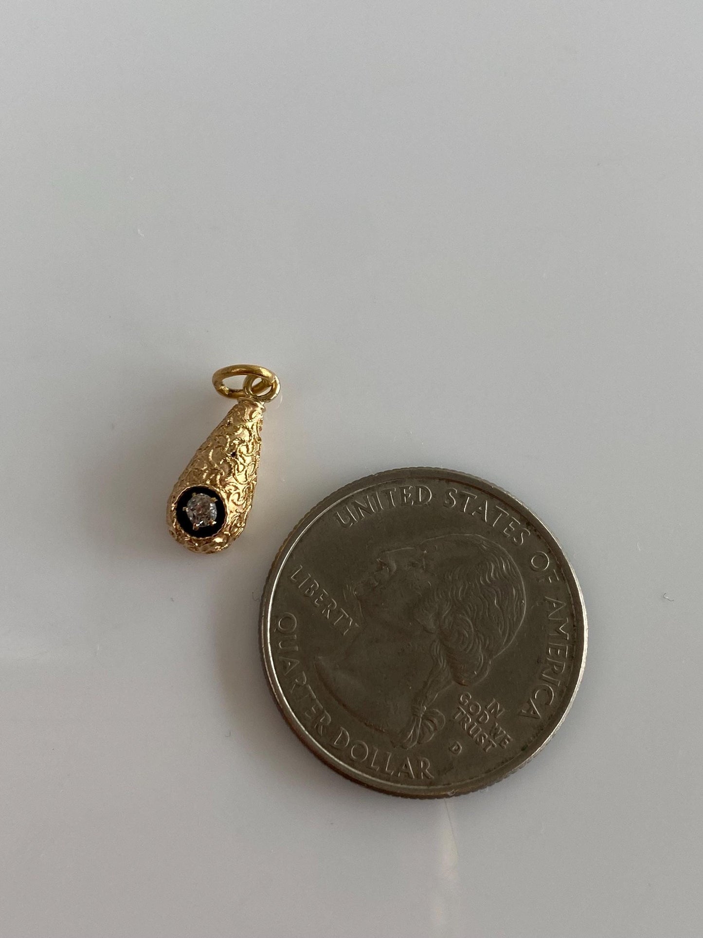 Vintage 18k Yellow Gold Old Mine Cut Diamond Embossed Texture Teardrop Stick Pin Conversion Charm