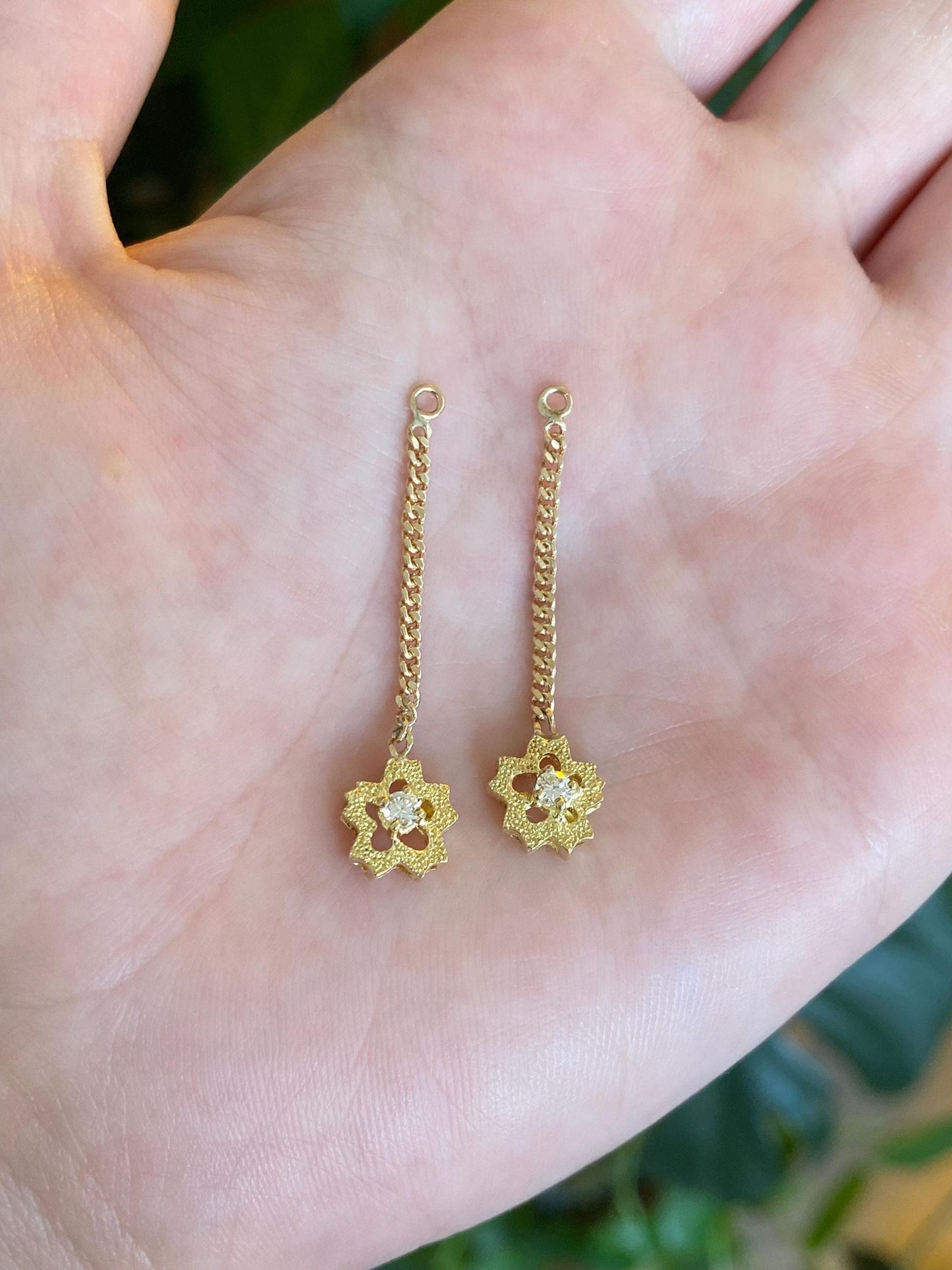 Vintage Solid 18k Yellow Gold Diamond Flower w/ 14k Curb Chain Earring Jackets