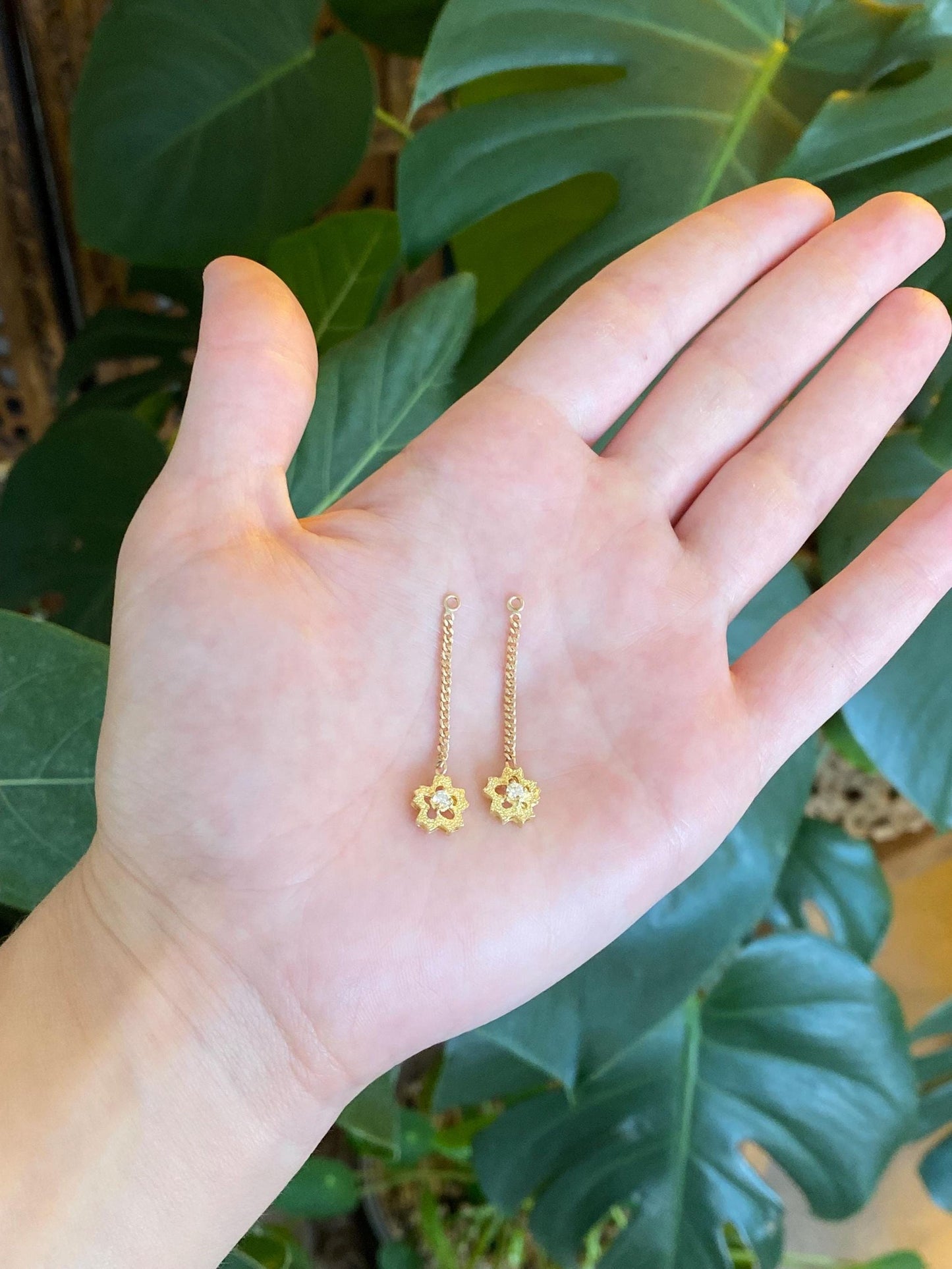 Vintage Solid 18k Yellow Gold Diamond Flower w/ 14k Curb Chain Earring Jackets