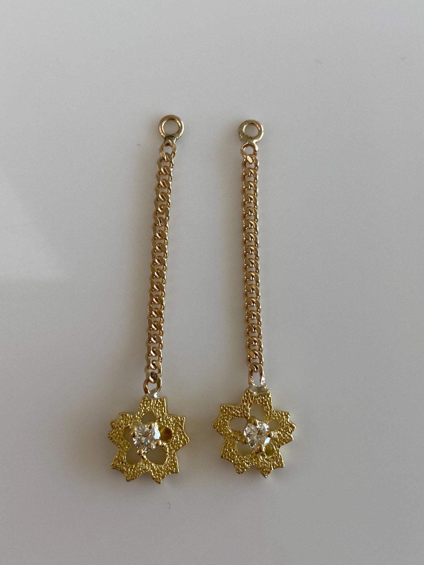 Vintage Solid 18k Yellow Gold Diamond Flower w/ 14k Curb Chain Earring Jackets