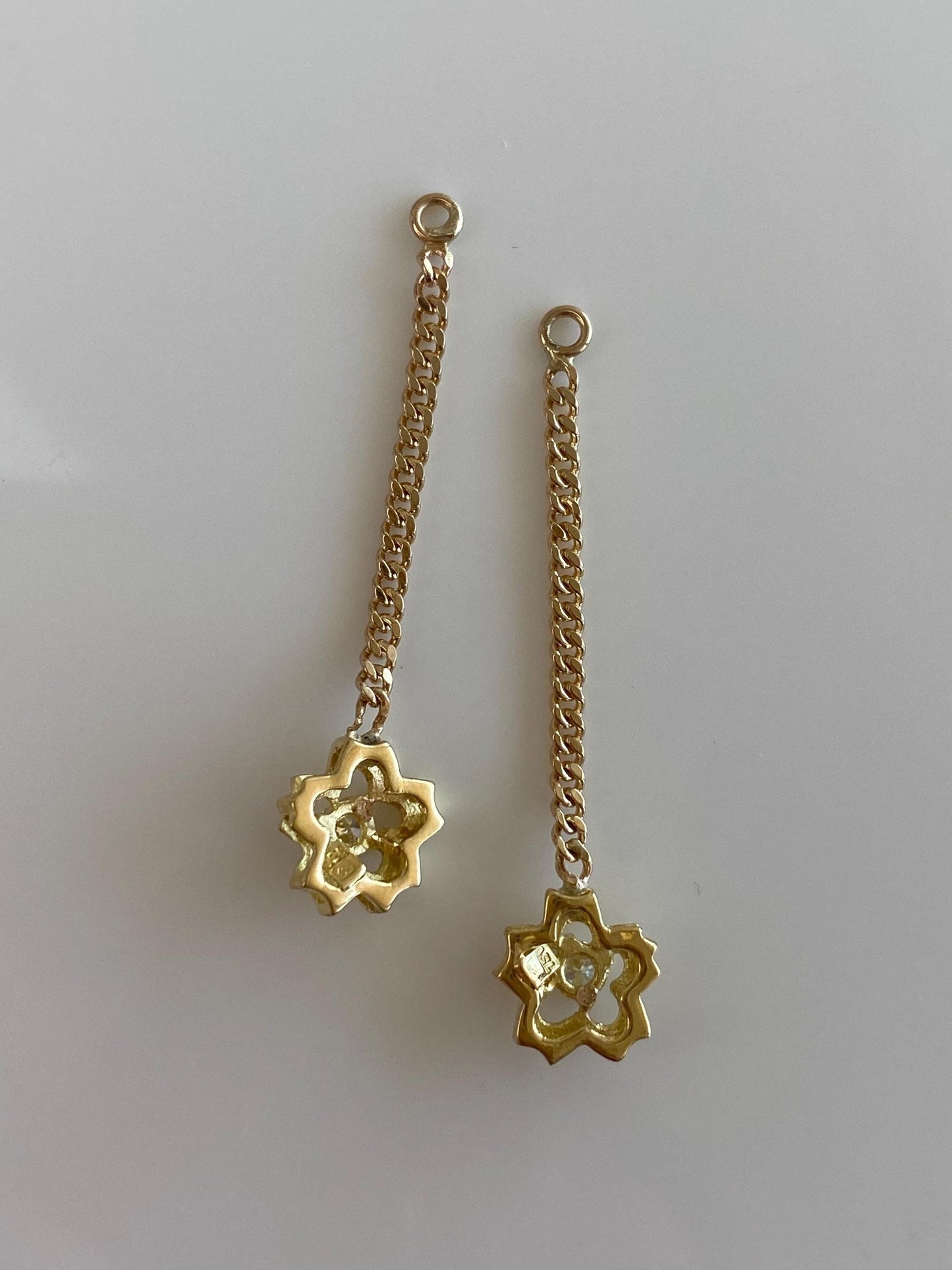 Vintage Solid 18k Yellow Gold Diamond Flower w/ 14k Curb Chain Earring Jackets