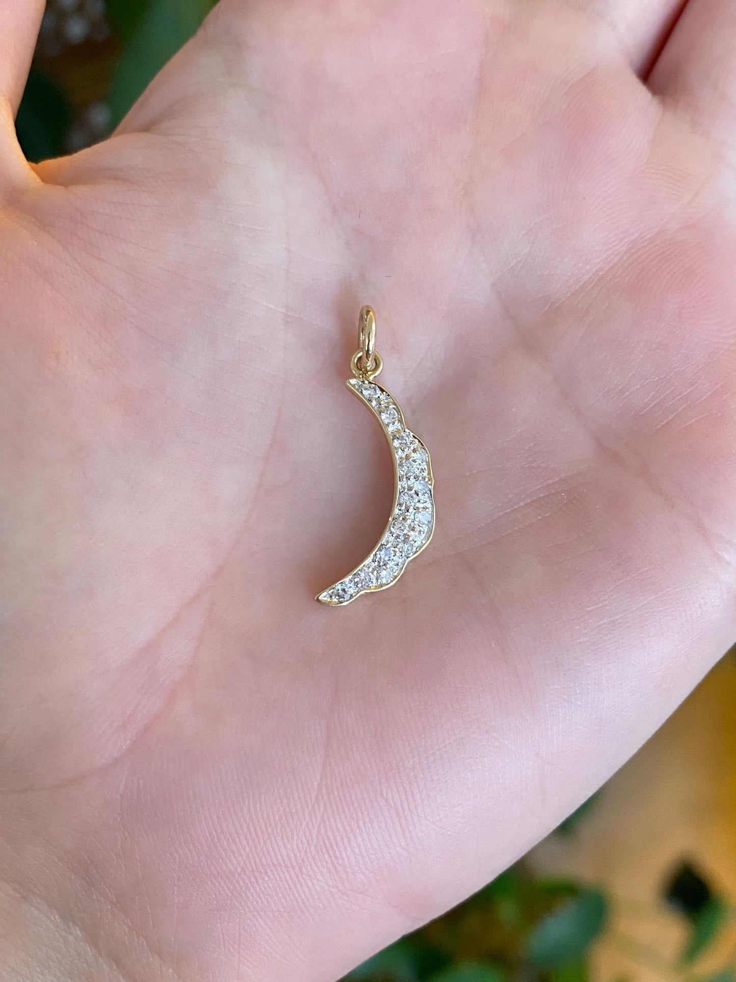 Vintage Solid 14k White & Yellow Gold Diamond Scalloped Moon Charm