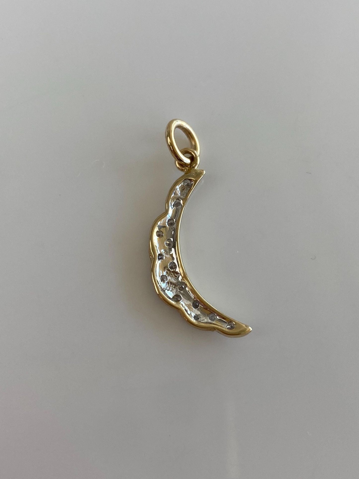 Vintage Solid 14k White & Yellow Gold Diamond Scalloped Moon Charm