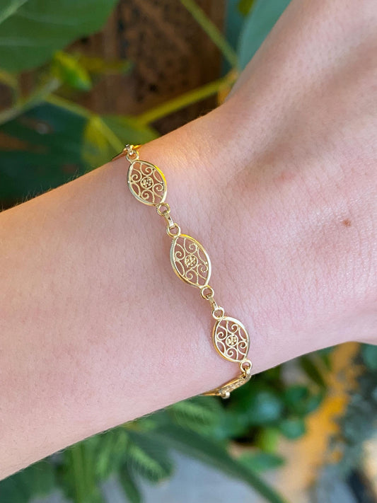 Vintage Solid 14k Yellow Gold Filigree Link Bracelet - 7 Inches