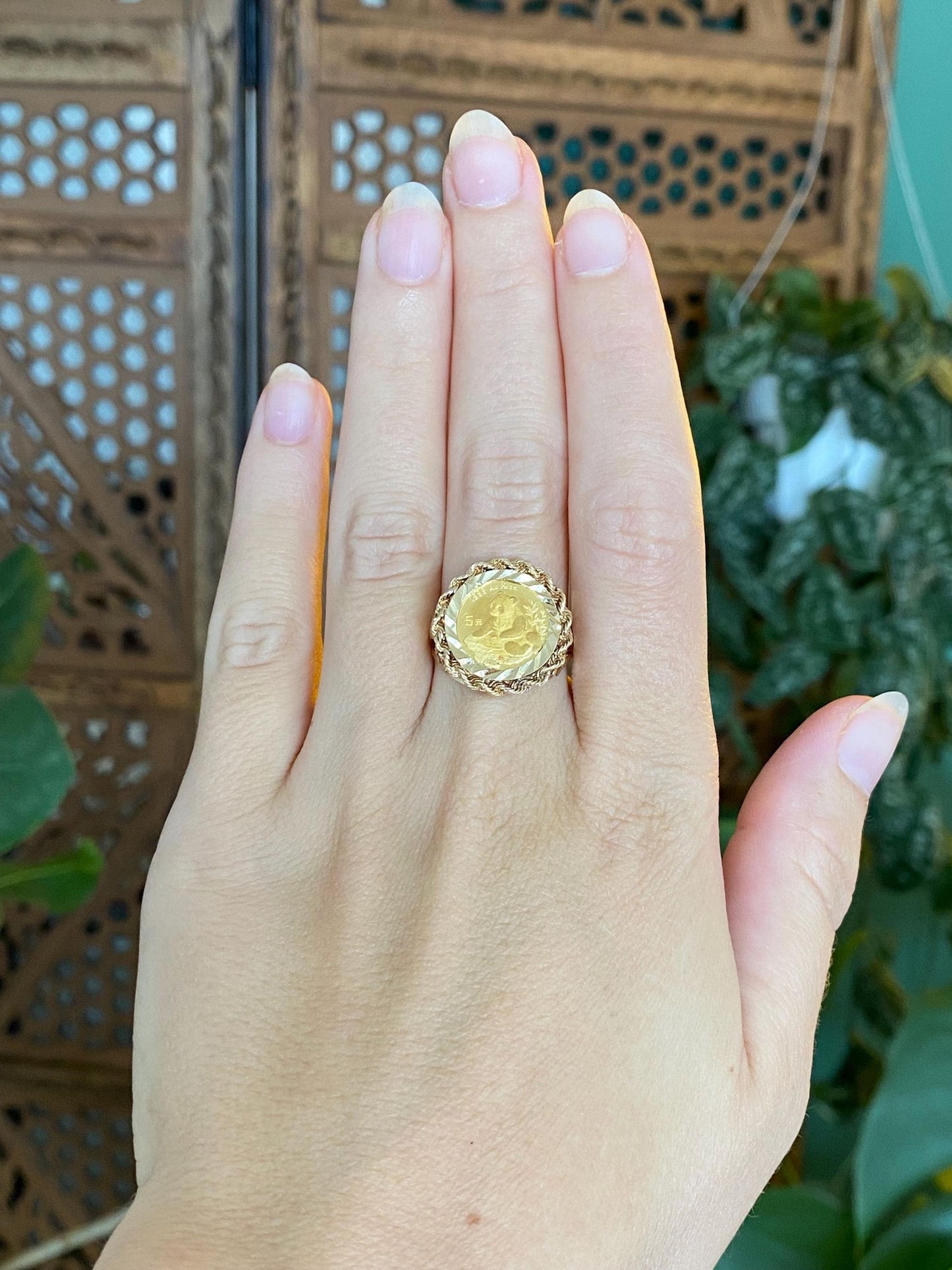 Vintage Solid 24k Yellow Gold Coin in Solid 10k Yellow Gold Diamond Cut Frame Ring - Size 8