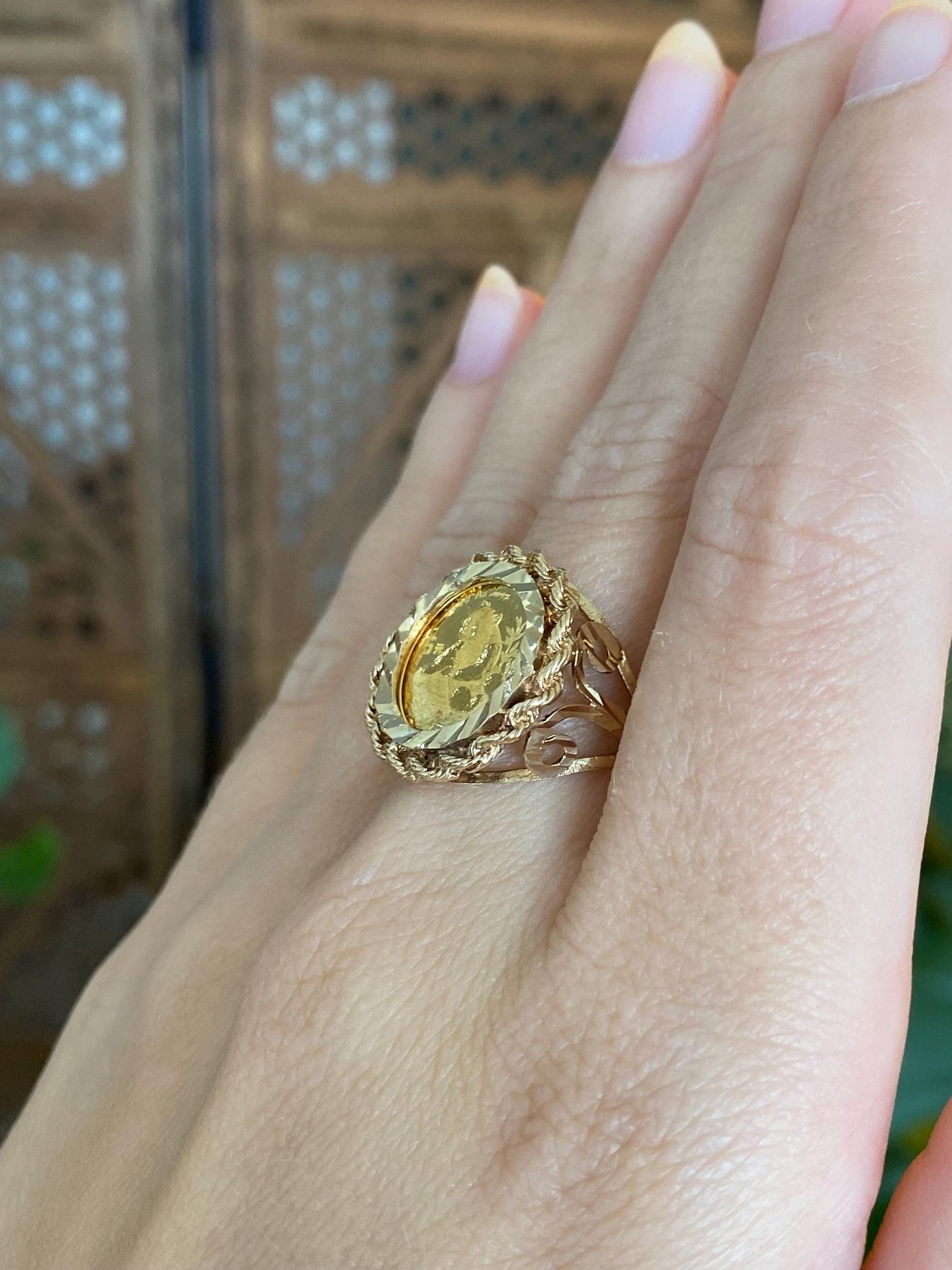Vintage Solid 24k Yellow Gold Coin in Solid 10k Yellow Gold Diamond Cut Frame Ring - Size 8