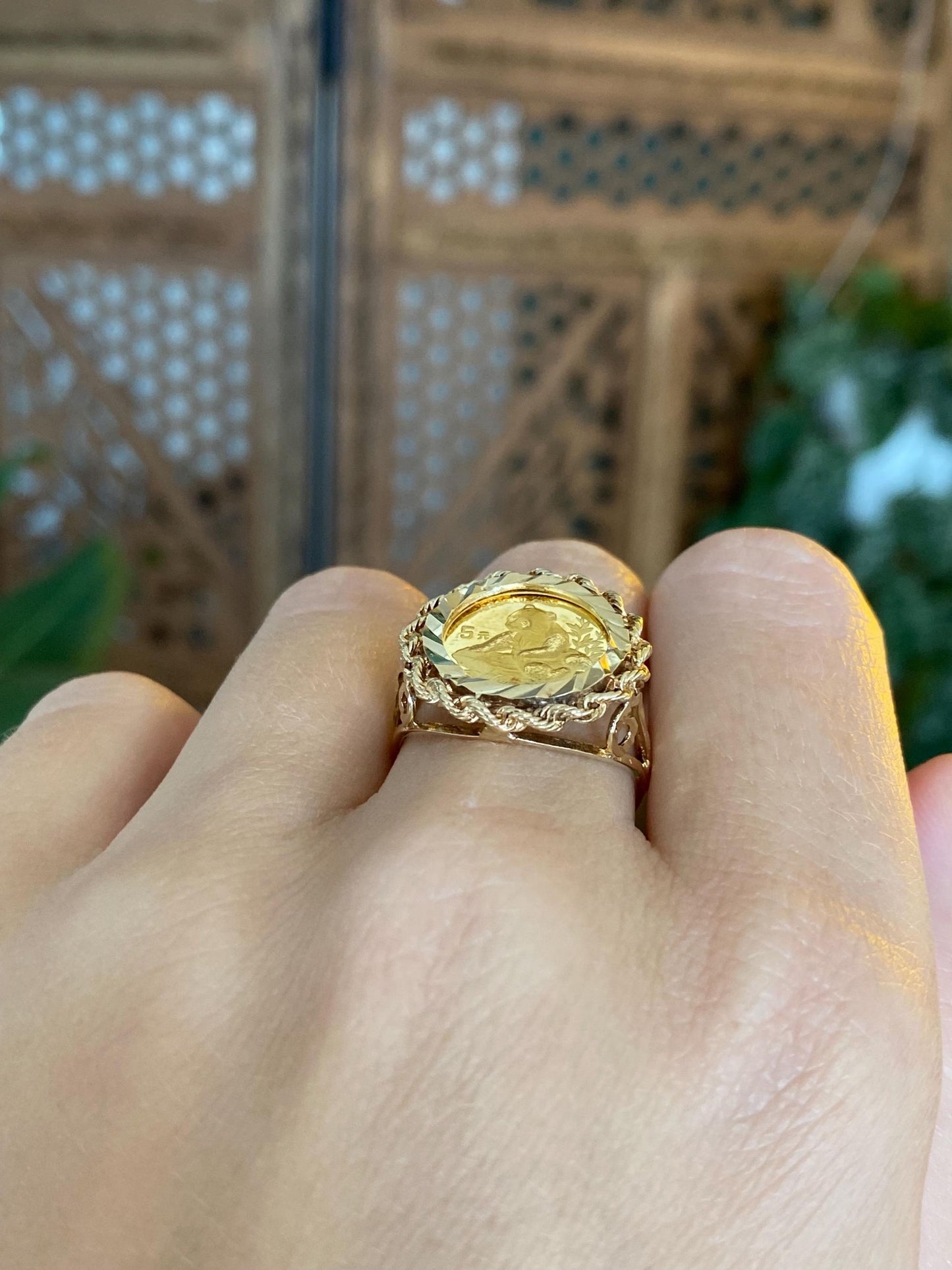 Vintage Solid 24k Yellow Gold Coin in Solid 10k Yellow Gold Diamond Cut Frame Ring - Size 8