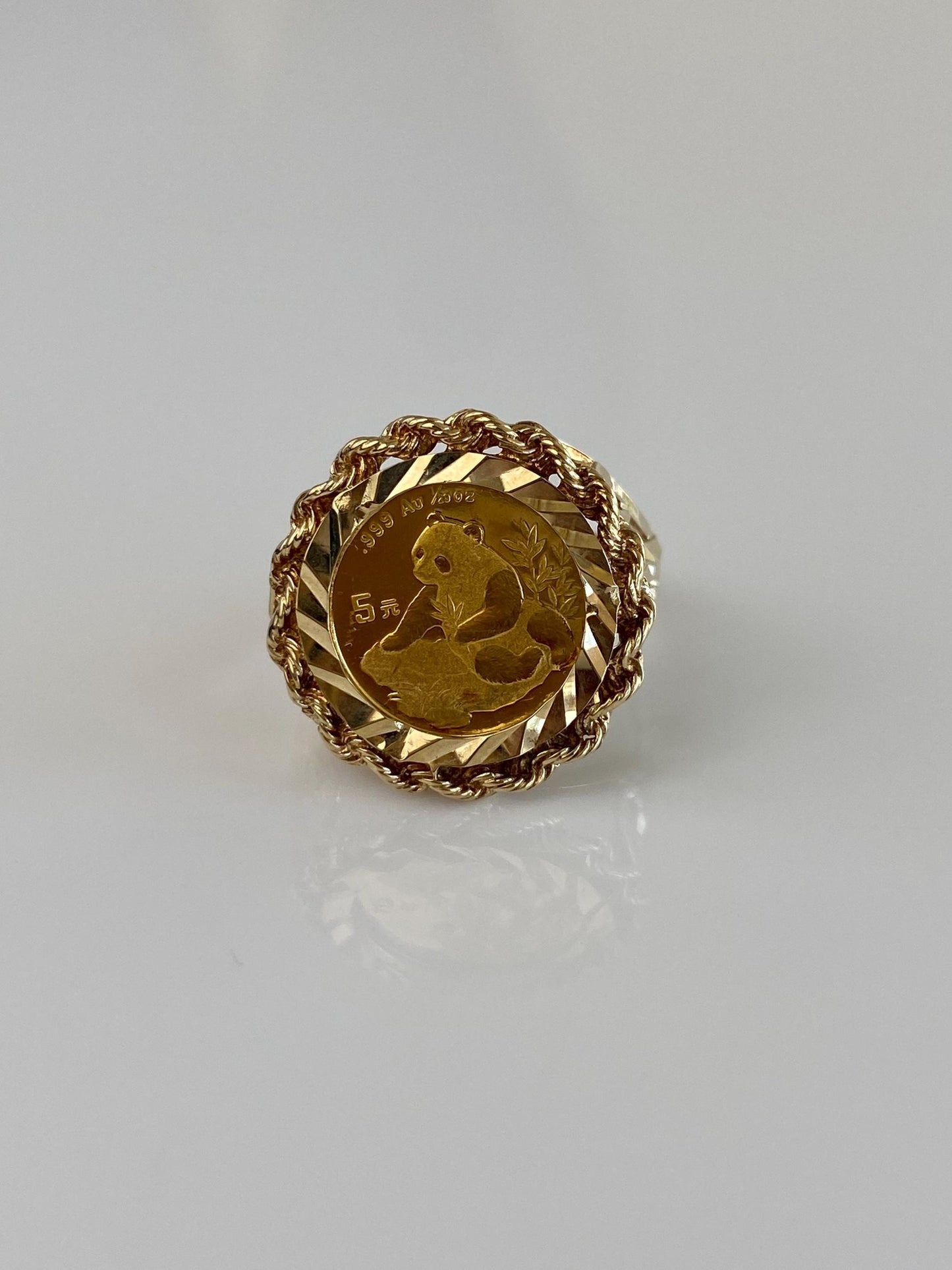 Vintage Solid 24k Yellow Gold Coin in Solid 10k Yellow Gold Diamond Cut Frame Ring - Size 8