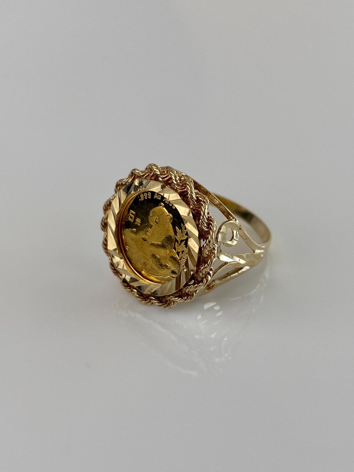 Vintage Solid 24k Yellow Gold Coin in Solid 10k Yellow Gold Diamond Cut Frame Ring - Size 8
