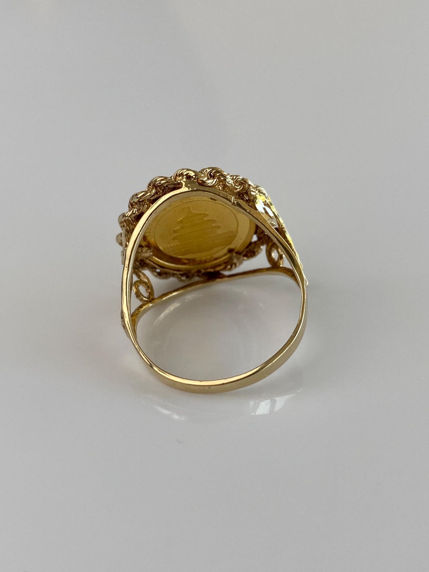 Vintage Solid 24k Yellow Gold Coin in Solid 10k Yellow Gold Diamond Cut Frame Ring - Size 8