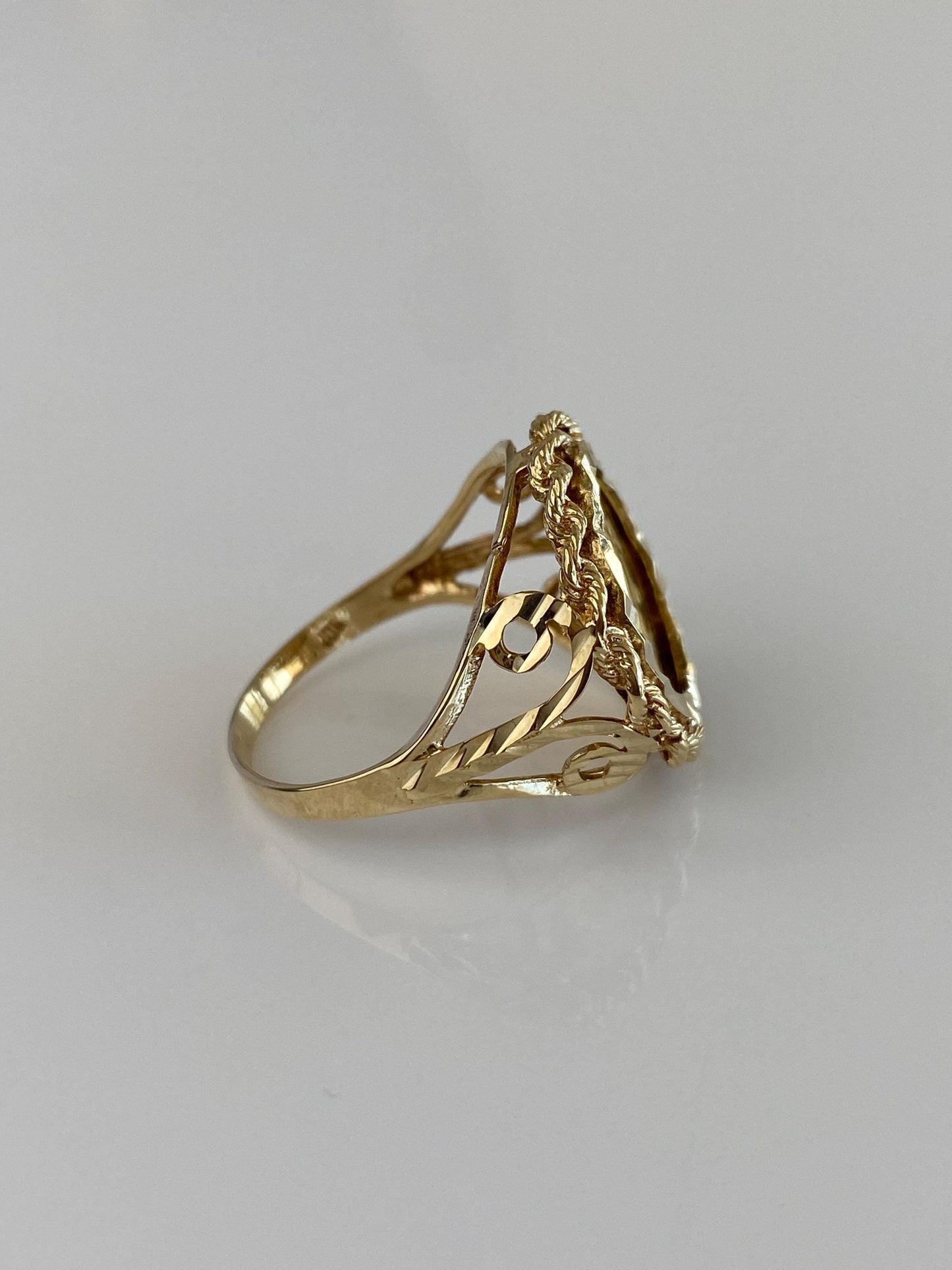 Vintage Solid 24k Yellow Gold Coin in Solid 10k Yellow Gold Diamond Cut Frame Ring - Size 8