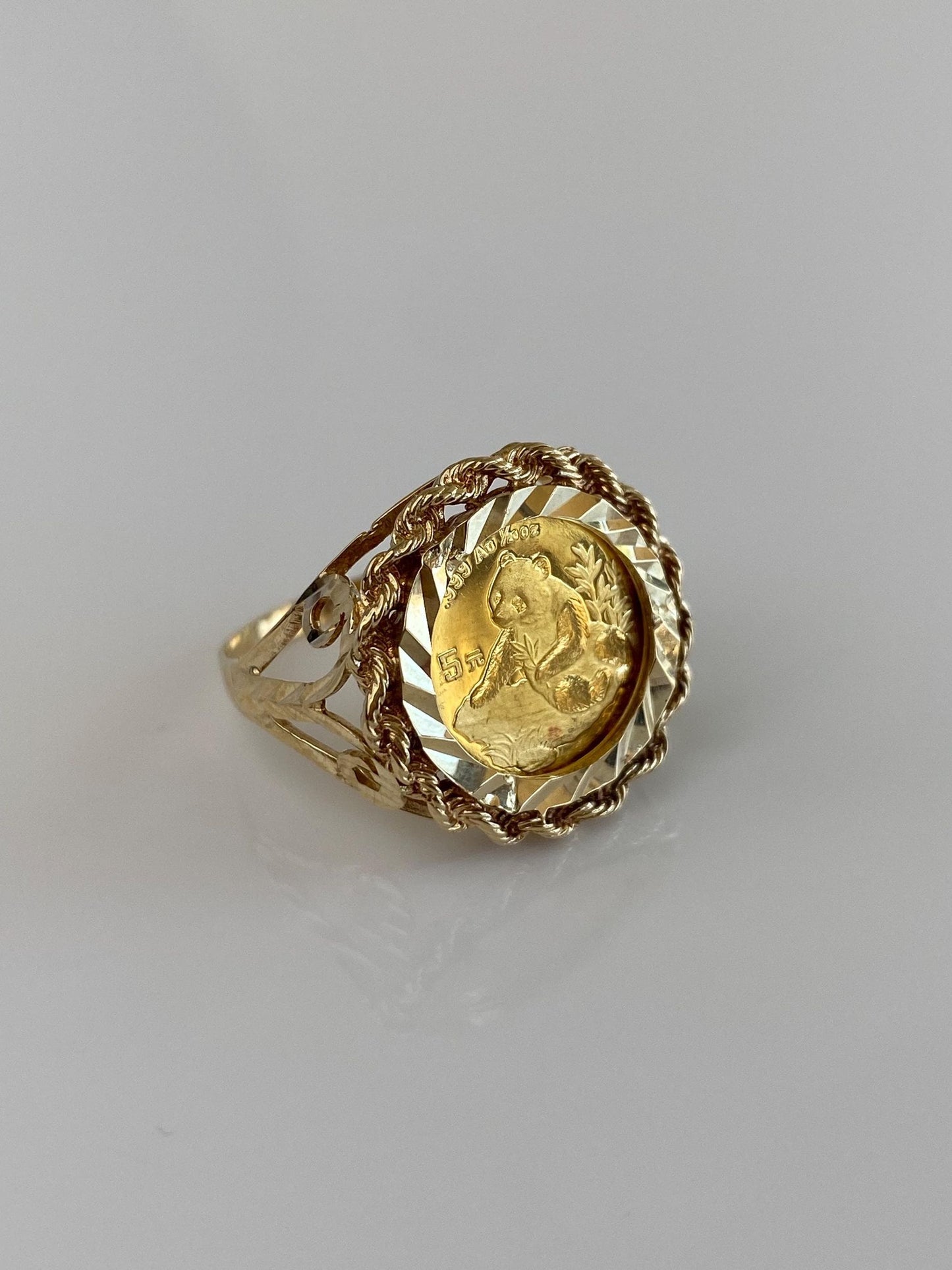 Vintage Solid 24k Yellow Gold Coin in Solid 10k Yellow Gold Diamond Cut Frame Ring - Size 8