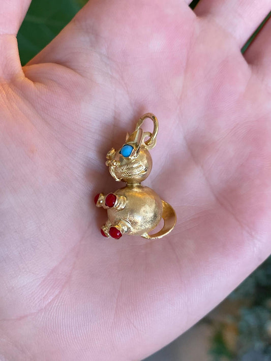 Vintage 18k Yellow Gold Turquoise Red Stone Cat Charm