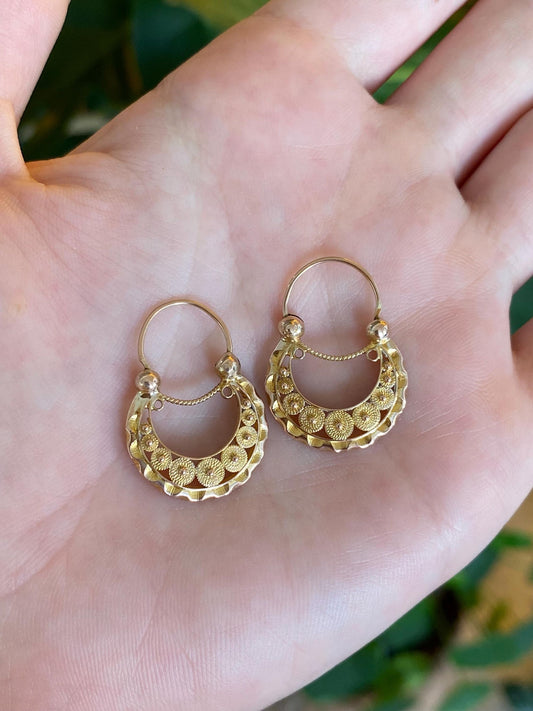 Vintage Solid 8k Yellow Gold Open Work Design Hoop Earrings