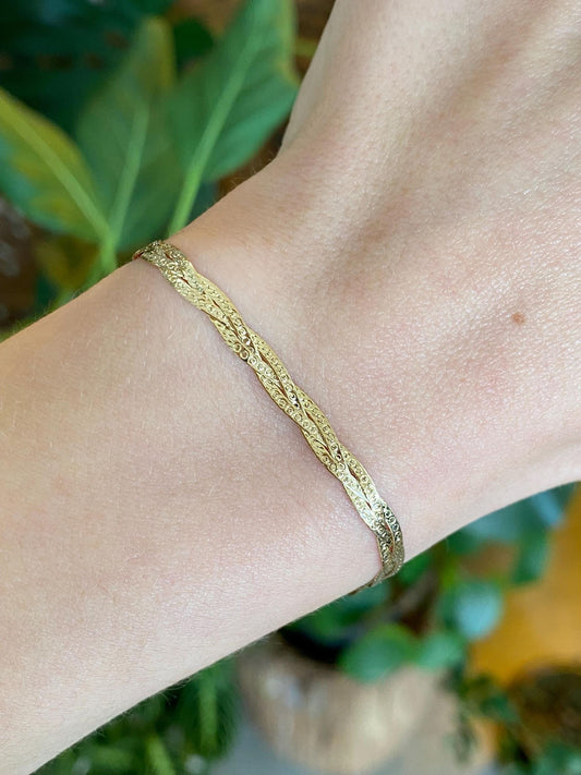 Vintage Solid 14k Yellow Gold Braided Designed Flat Chain Bracelet - 7 inches