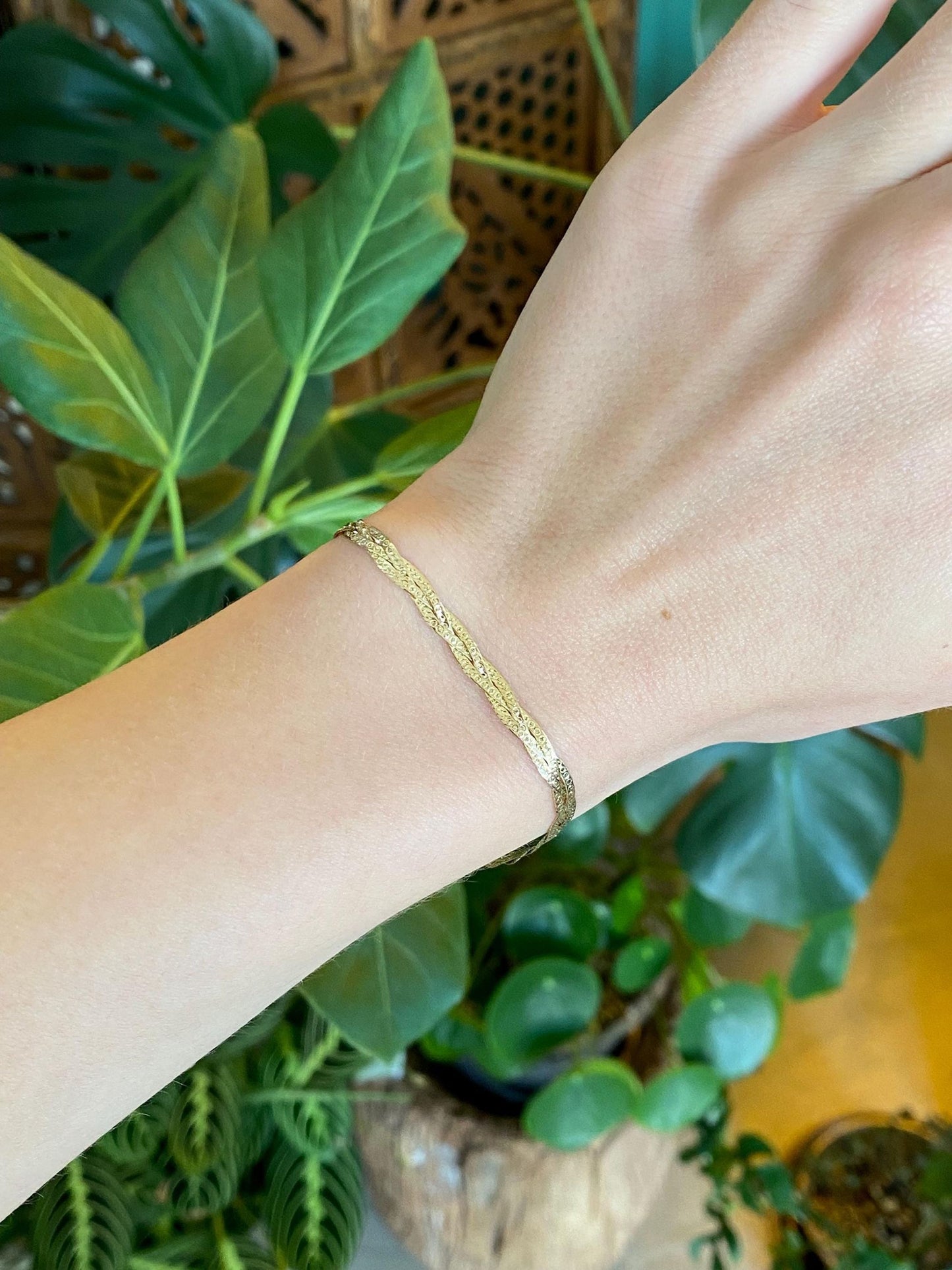Vintage Solid 14k Yellow Gold Braided Designed Flat Chain Bracelet - 7 inches