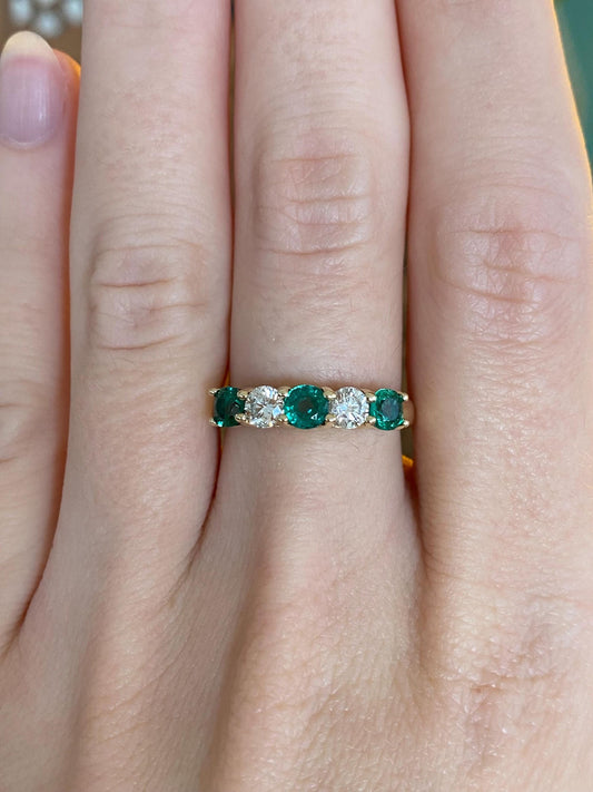 Vintage Solid 14k Yellow Gold Diamond Emerald Ring Band - Size 6.75