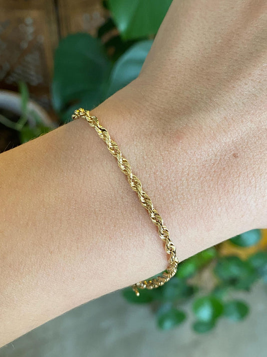 Vintage Solid 14k Yellow Gold Rope Chain Bracelet - 7.75 inches