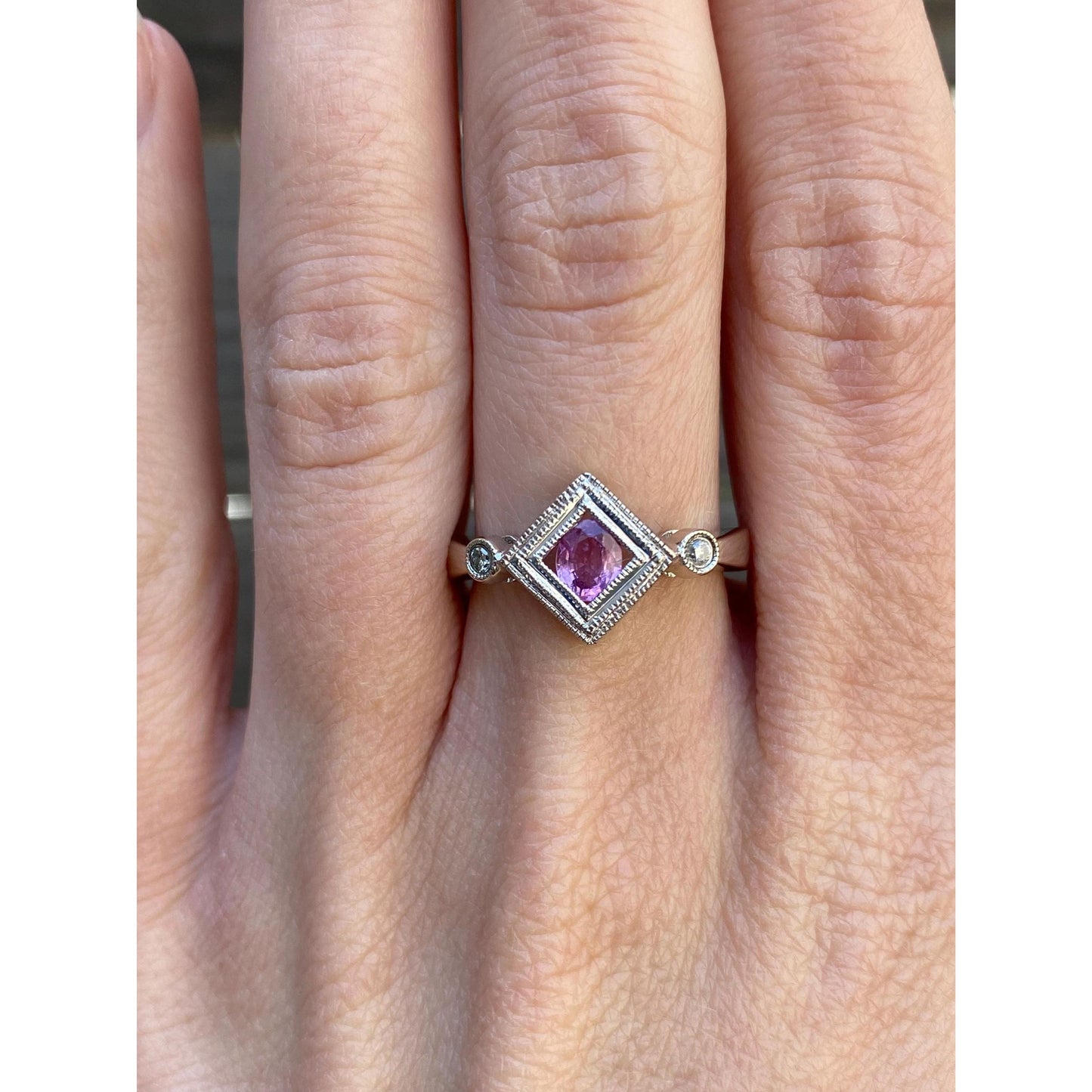 Vintage Solid 14k White Gold Diamond Pink Sapphire Ring - Size 7