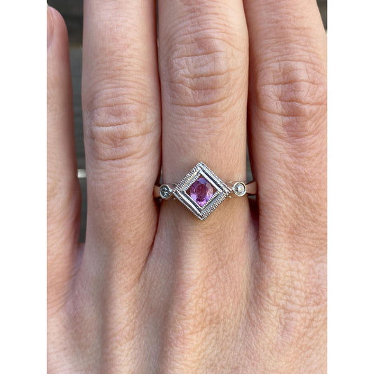 Vintage Solid 14k White Gold Diamond Pink Sapphire Ring - Size 7