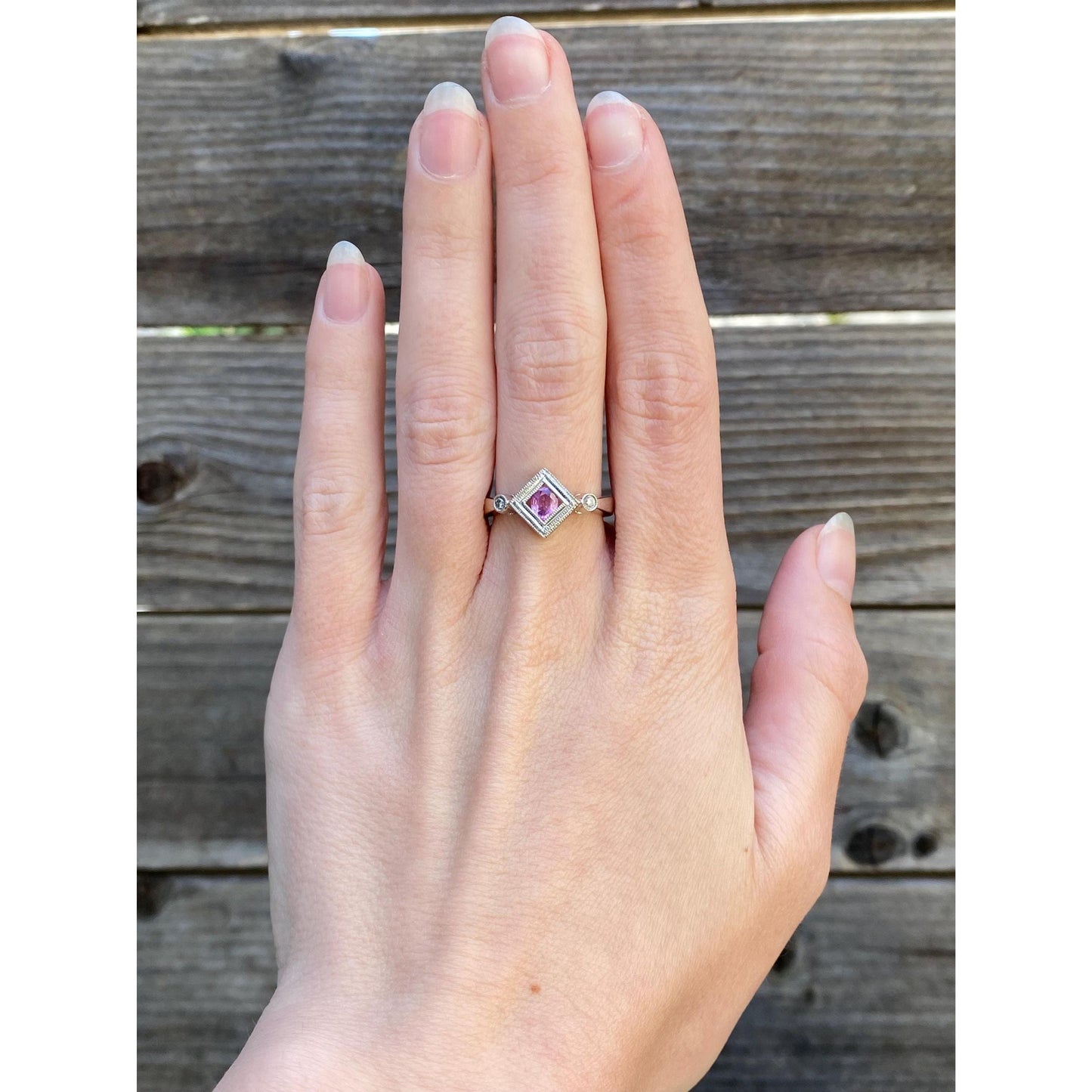 Vintage Solid 14k White Gold Diamond Pink Sapphire Ring - Size 7