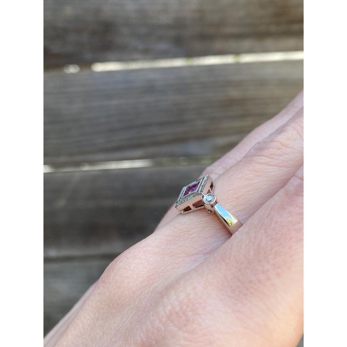 Vintage Solid 14k White Gold Diamond Pink Sapphire Ring - Size 7