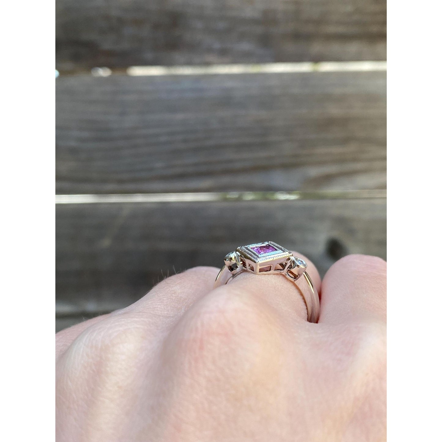 Vintage Solid 14k White Gold Diamond Pink Sapphire Ring - Size 7