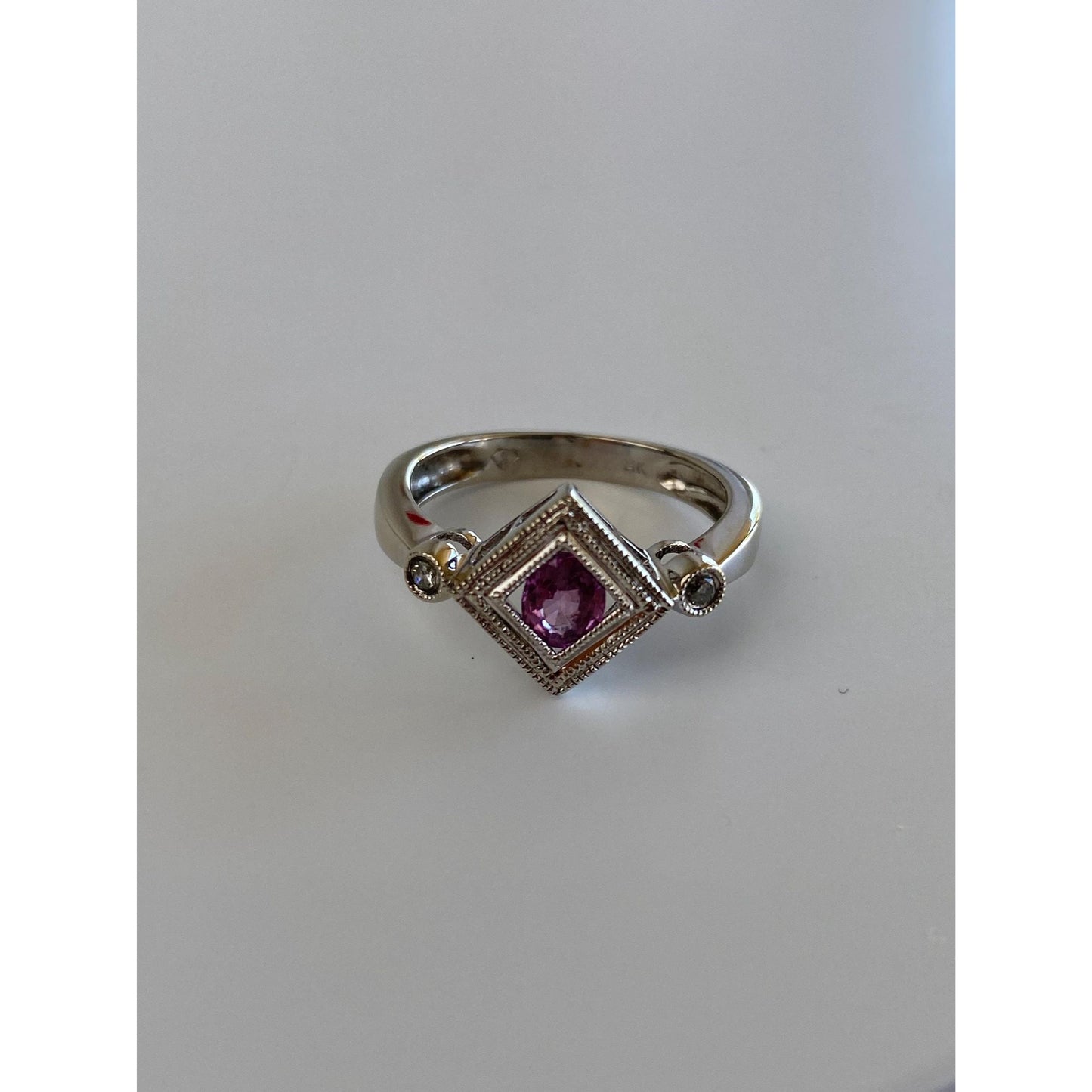 Vintage Solid 14k White Gold Diamond Pink Sapphire Ring - Size 7