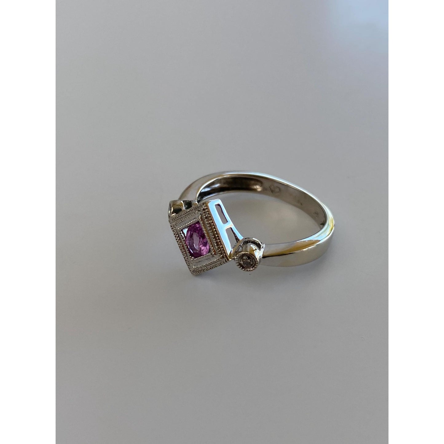 Vintage Solid 14k White Gold Diamond Pink Sapphire Ring - Size 7