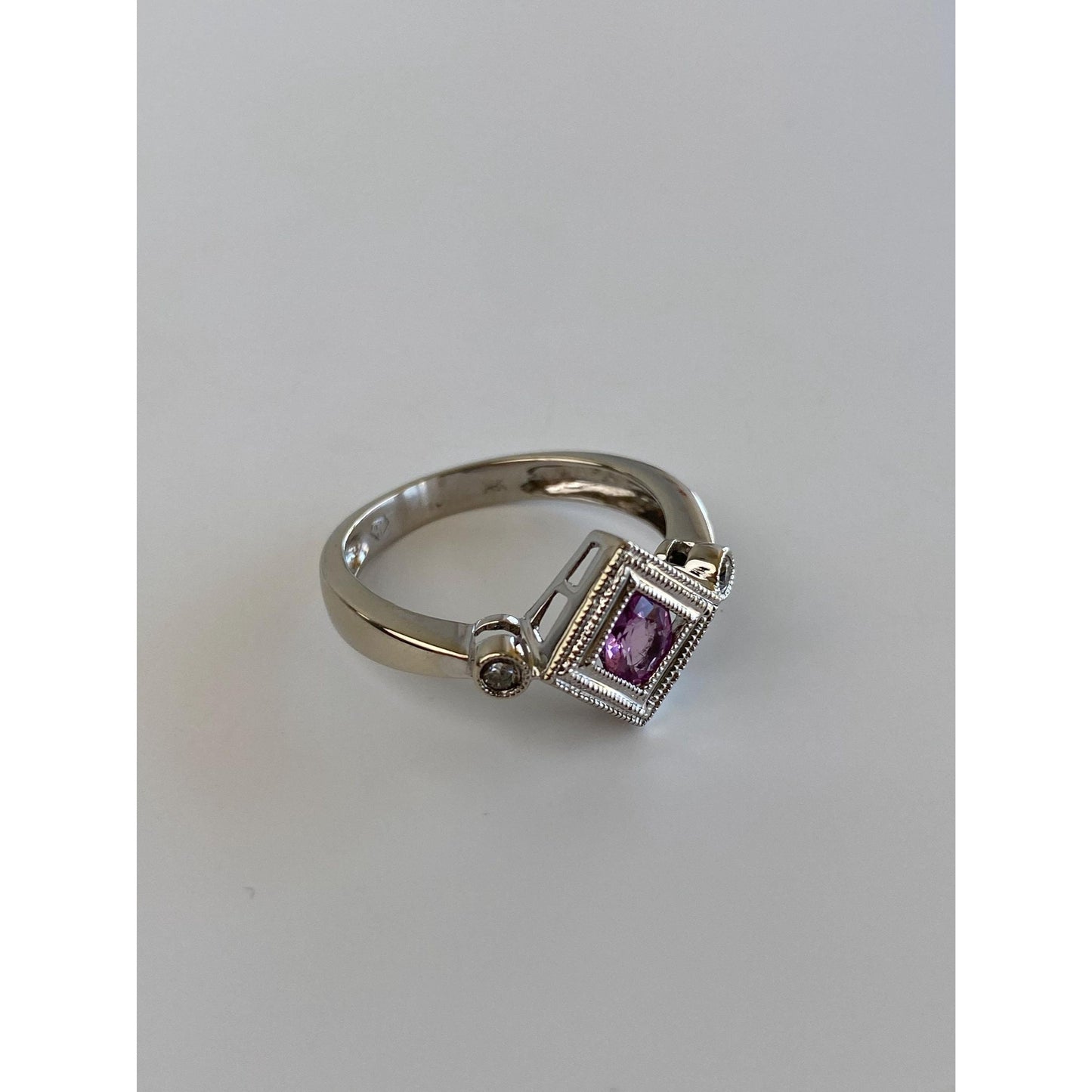 Vintage Solid 14k White Gold Diamond Pink Sapphire Ring - Size 7