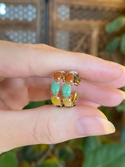 Vintage Solid 14k Yellow Gold Colored Jade Hoop Earrings