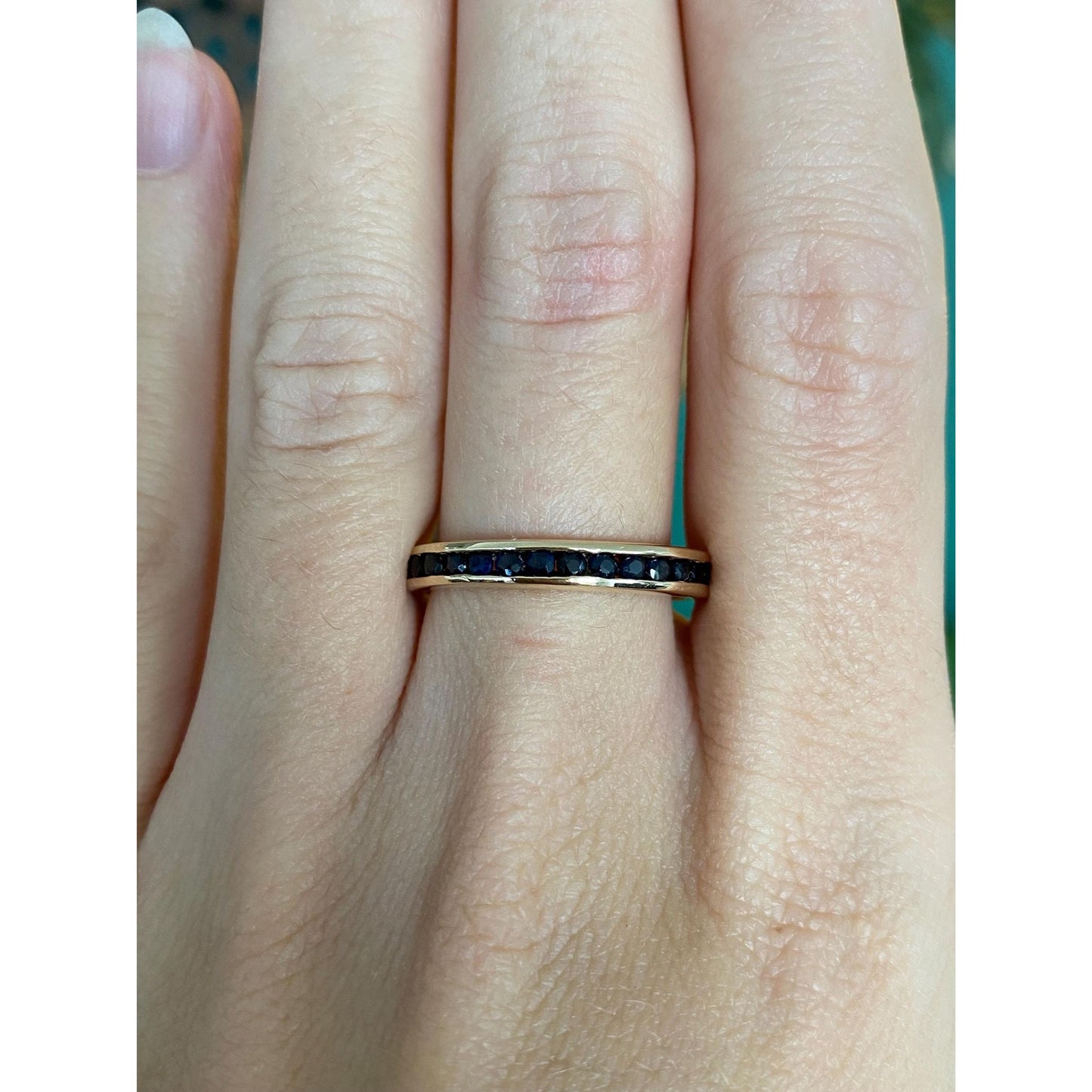 Solid 14k Yellow Gold Blue Sapphire Eternity Ring Band - Size 8