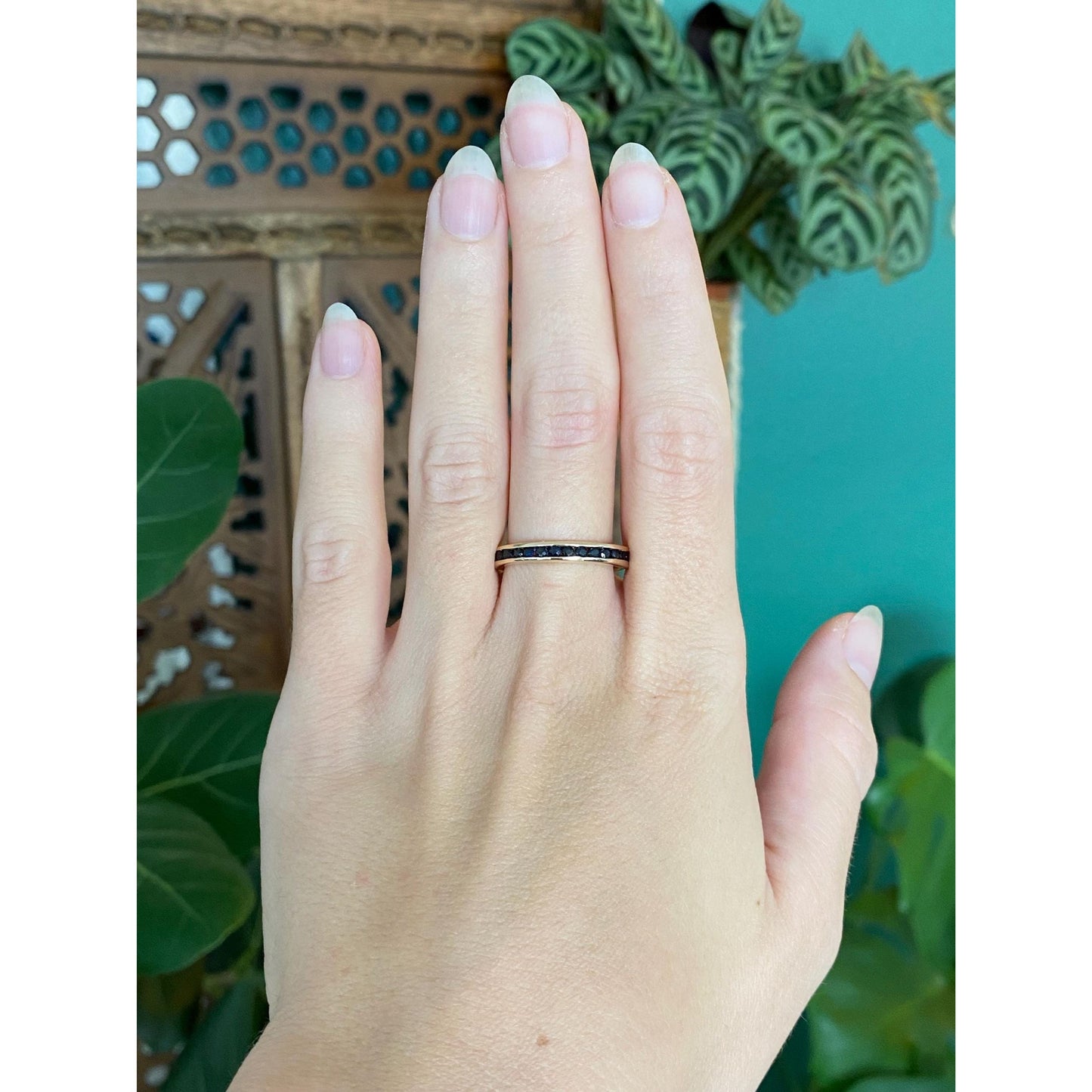 Solid 14k Yellow Gold Blue Sapphire Eternity Ring Band - Size 8