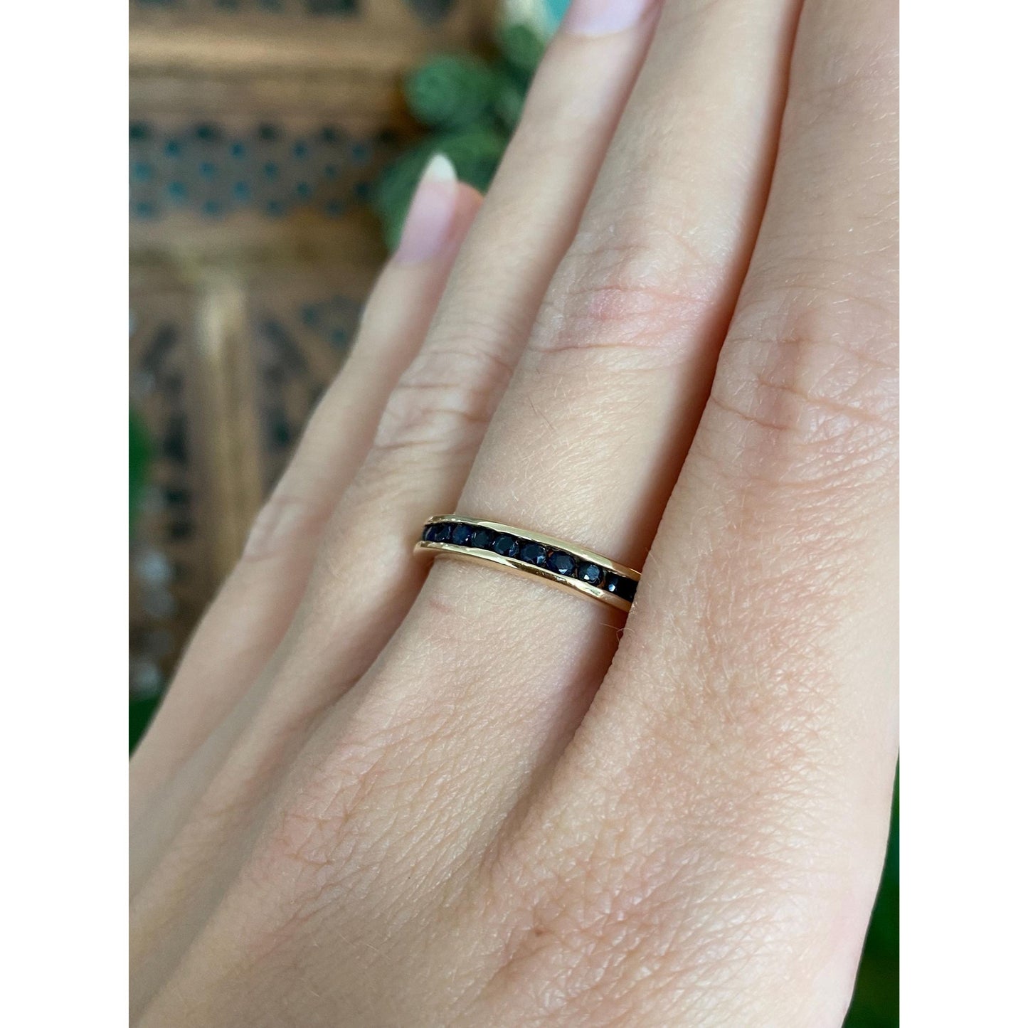 Solid 14k Yellow Gold Blue Sapphire Eternity Ring Band - Size 8