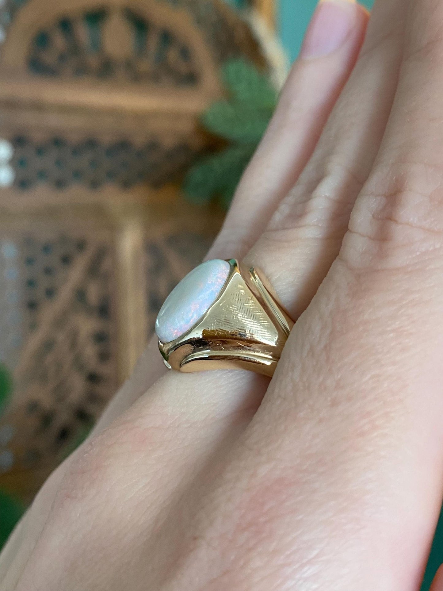 Vintage Solid 14k Yellow Gold Opal Ring - Size 11.25