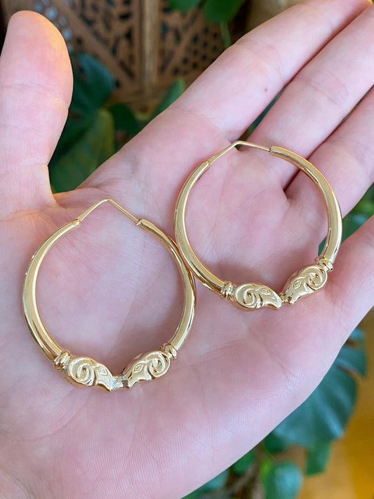 Vintage 18k Yellow Gold Ram Head Hoop Earrings