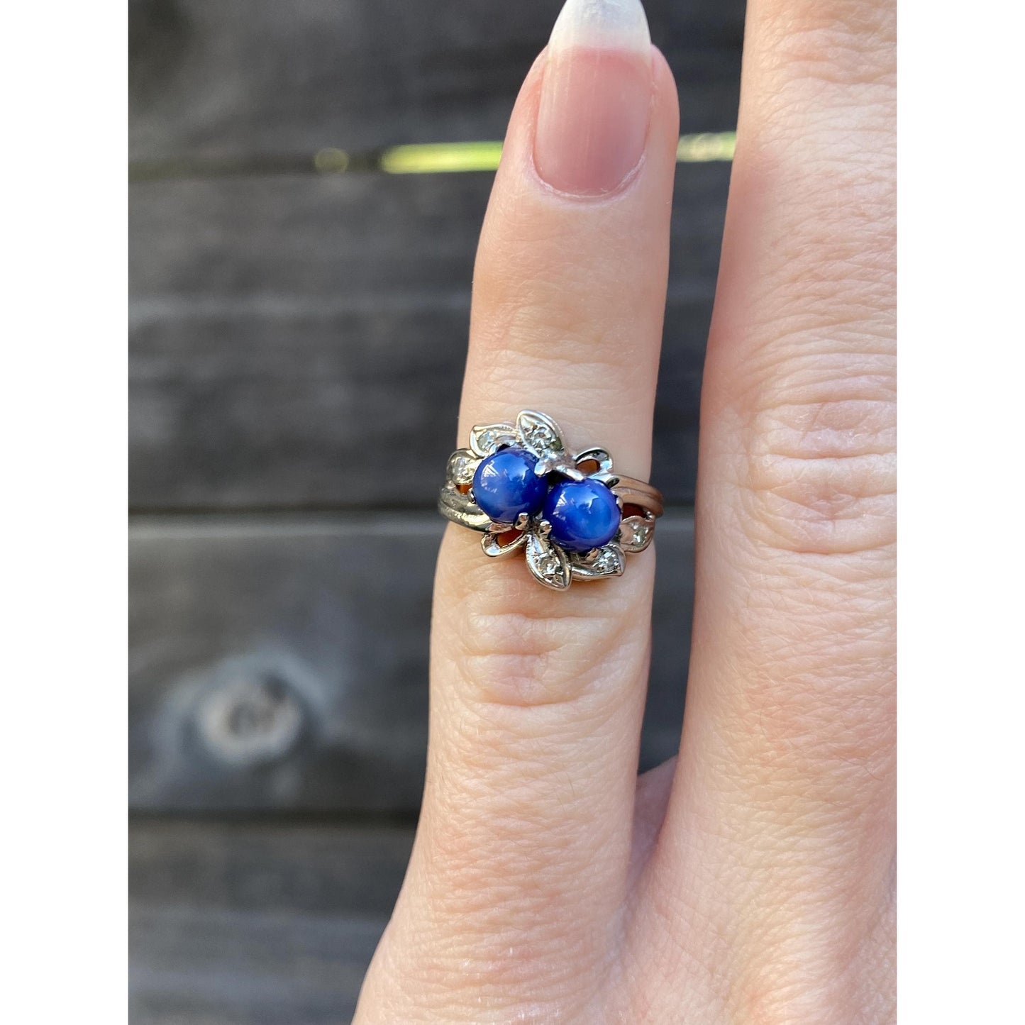 Vintage Solid 14k White Gold Blue Star Sapphire Diamond Ring - Size 1.75