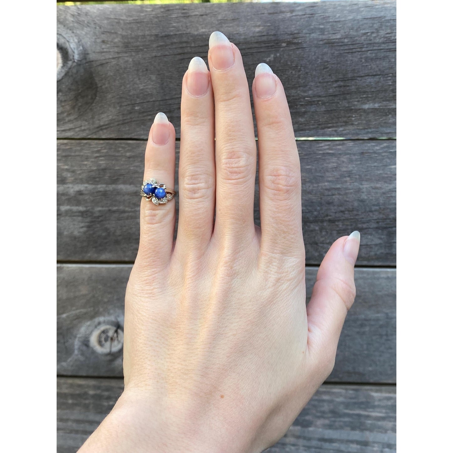 Vintage Solid 14k White Gold Blue Star Sapphire Diamond Ring - Size 1.75