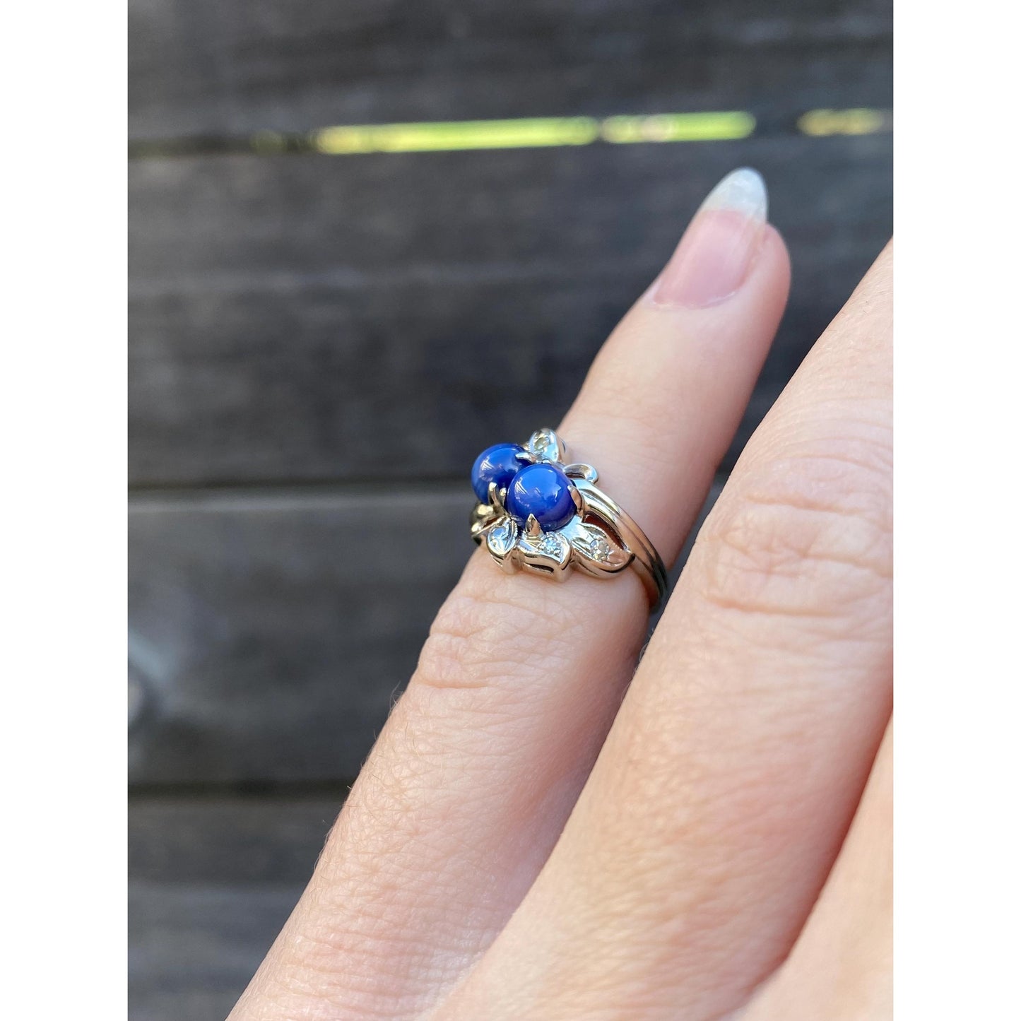 Vintage Solid 14k White Gold Blue Star Sapphire Diamond Ring - Size 1.75