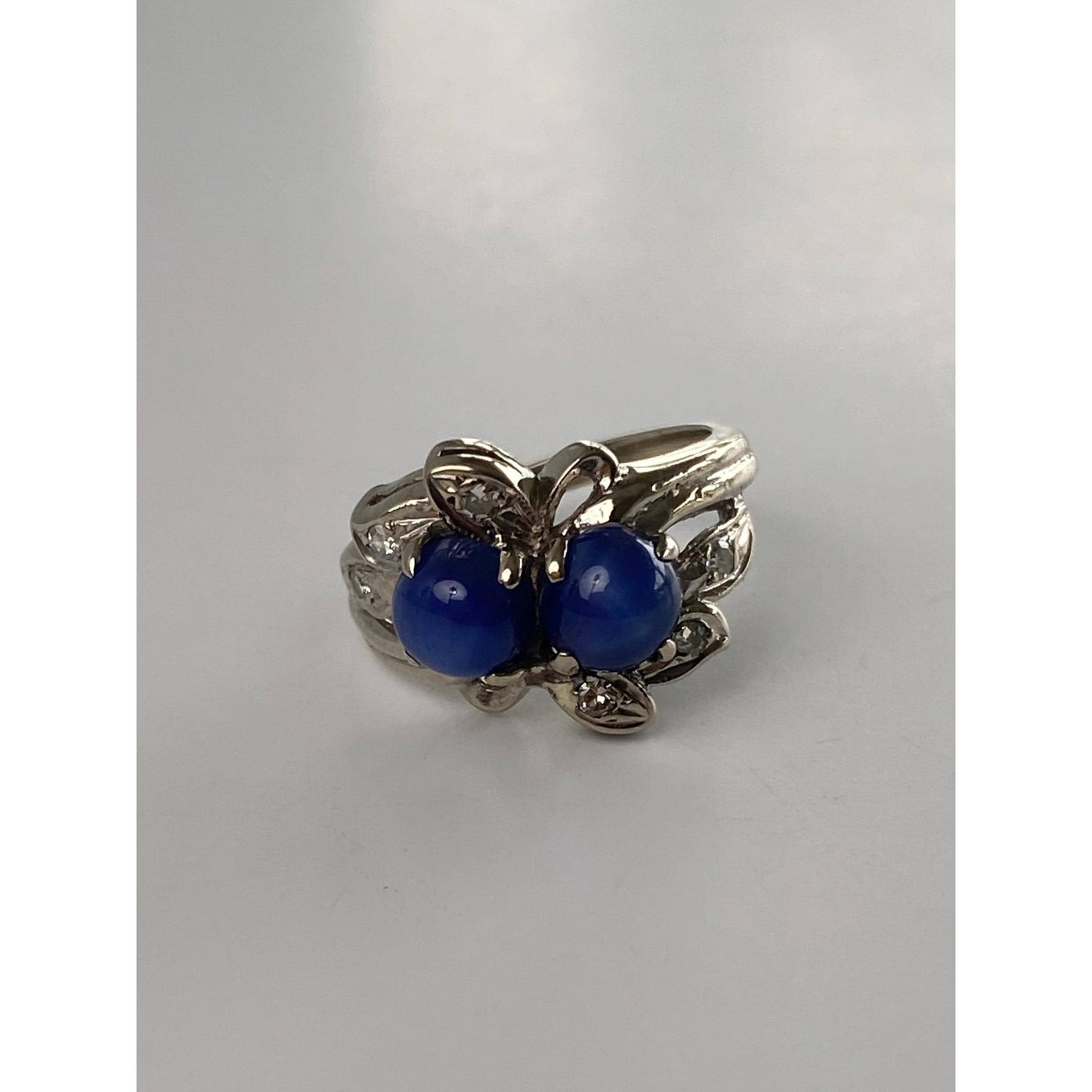 Vintage Solid 14k White Gold Blue Star Sapphire Diamond Ring - Size 1.75