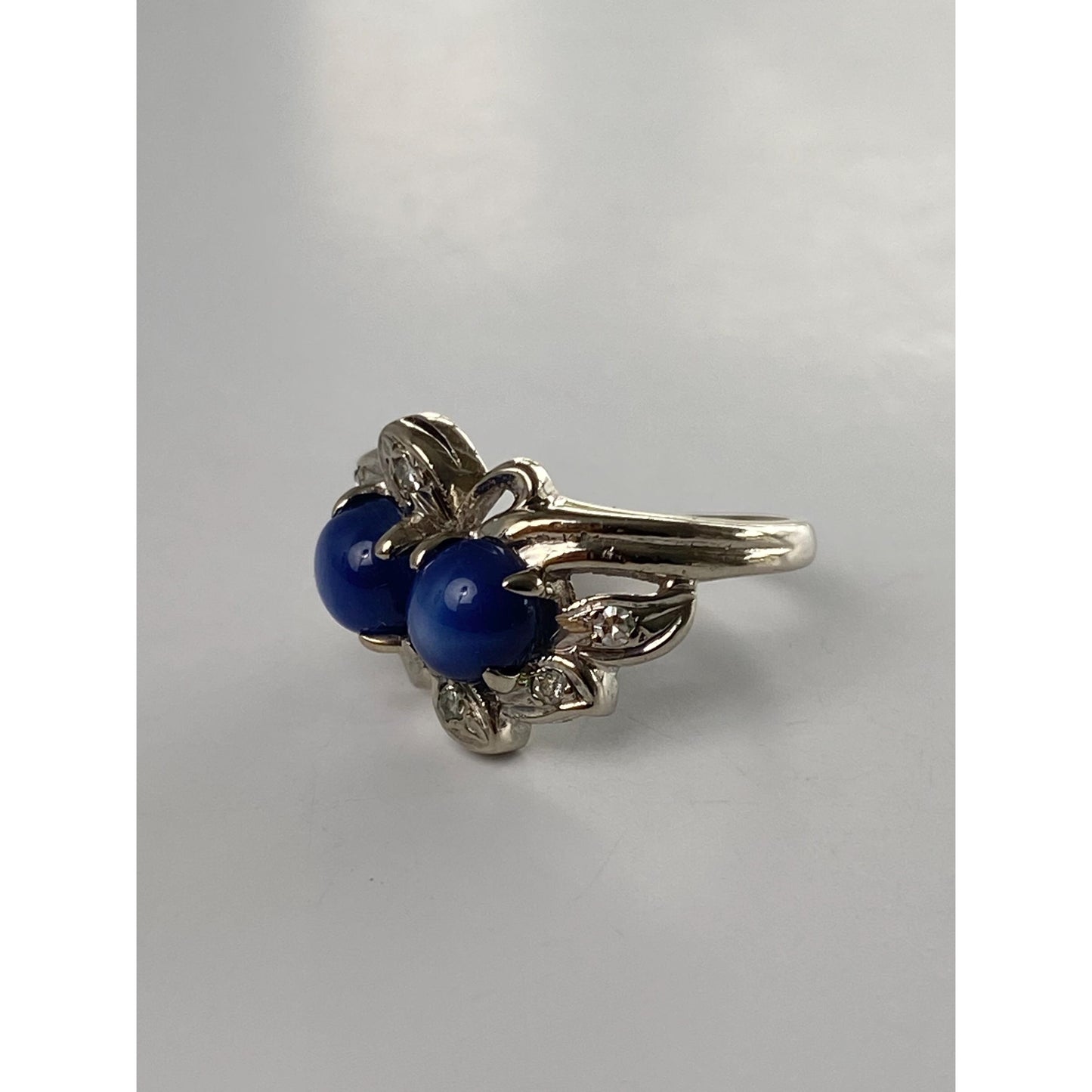 Vintage Solid 14k White Gold Blue Star Sapphire Diamond Ring - Size 1.75