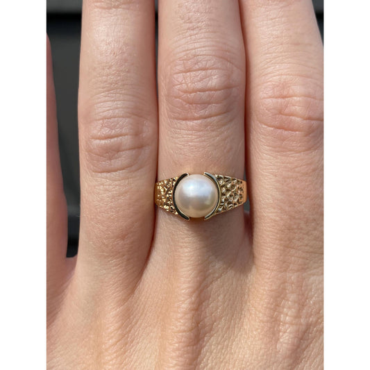 Vintage Solid 14k Yellow Gold Pearl Textured Ring - Size 5.75