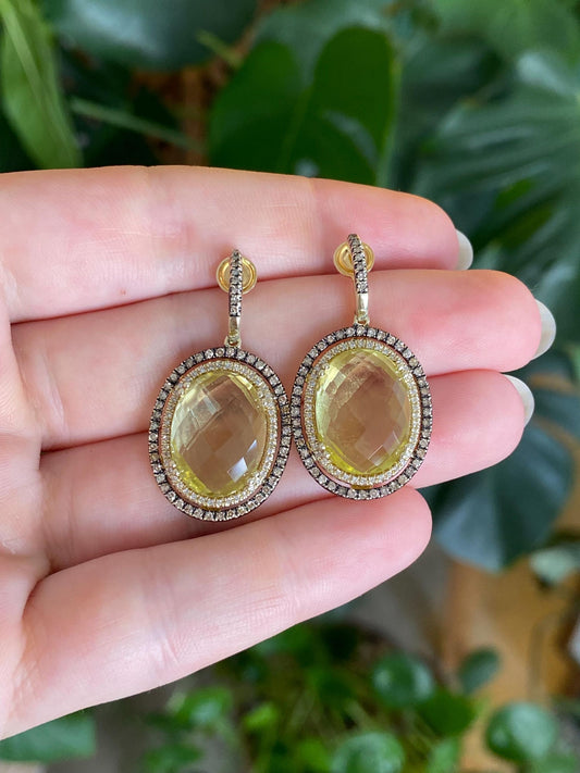 Solid 14k Yellow Gold Brown & Clear Diamond Halos Faceted Lemon Quartz Dangle Stud Earrings