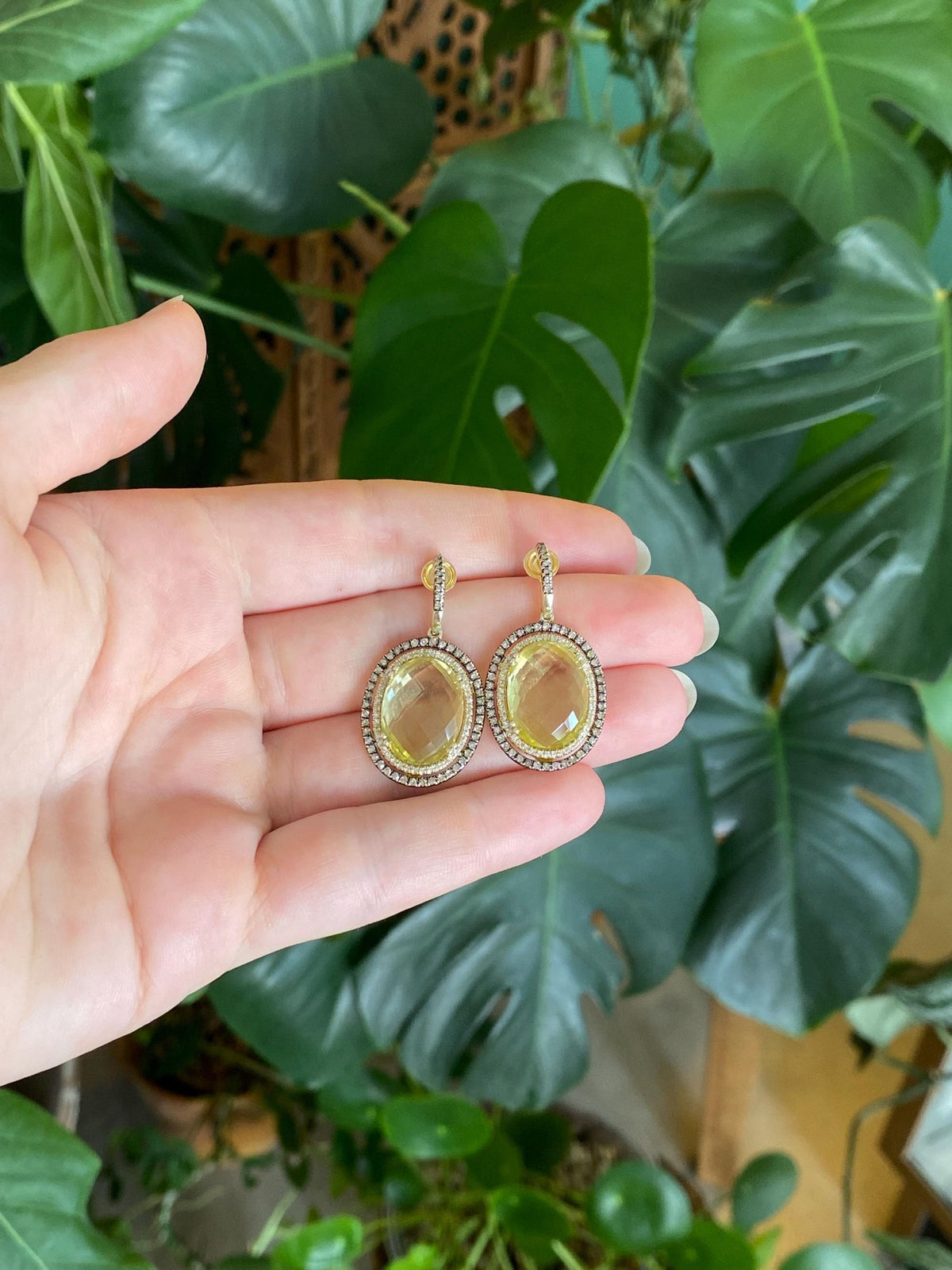 Solid 14k Yellow Gold Brown & Clear Diamond Halos Faceted Lemon Quartz Dangle Stud Earrings