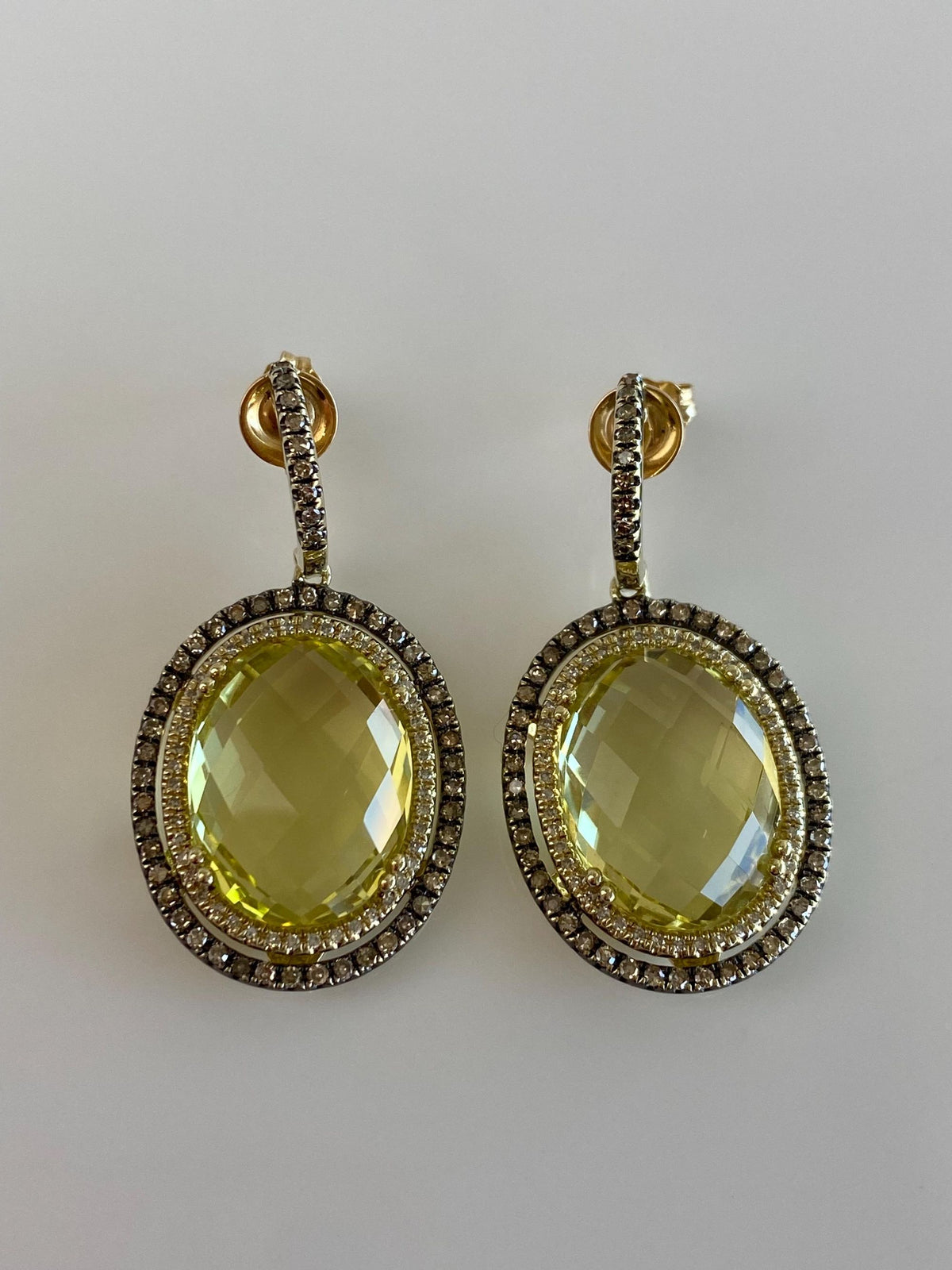 Solid 14k Yellow Gold Brown & Clear Diamond Halos Faceted Lemon Quartz Dangle Stud Earrings