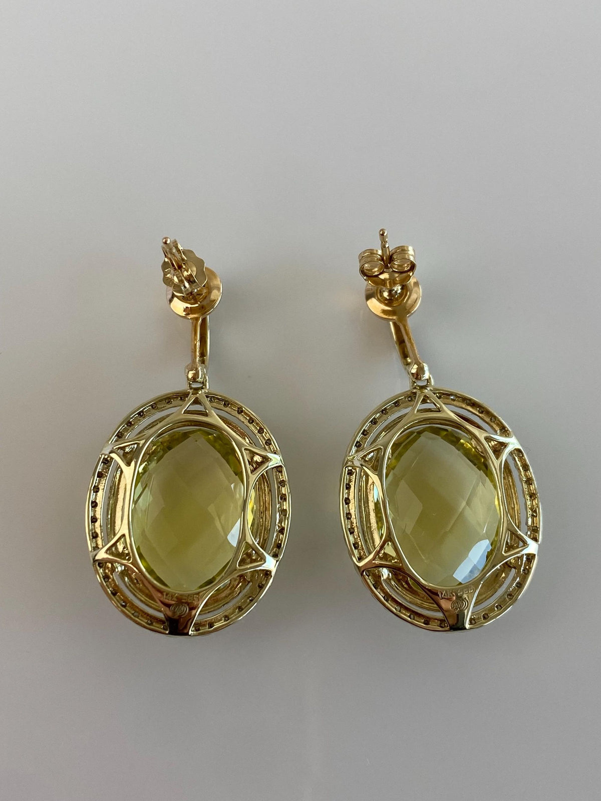 Solid 14k Yellow Gold Brown & Clear Diamond Halos Faceted Lemon Quartz Dangle Stud Earrings