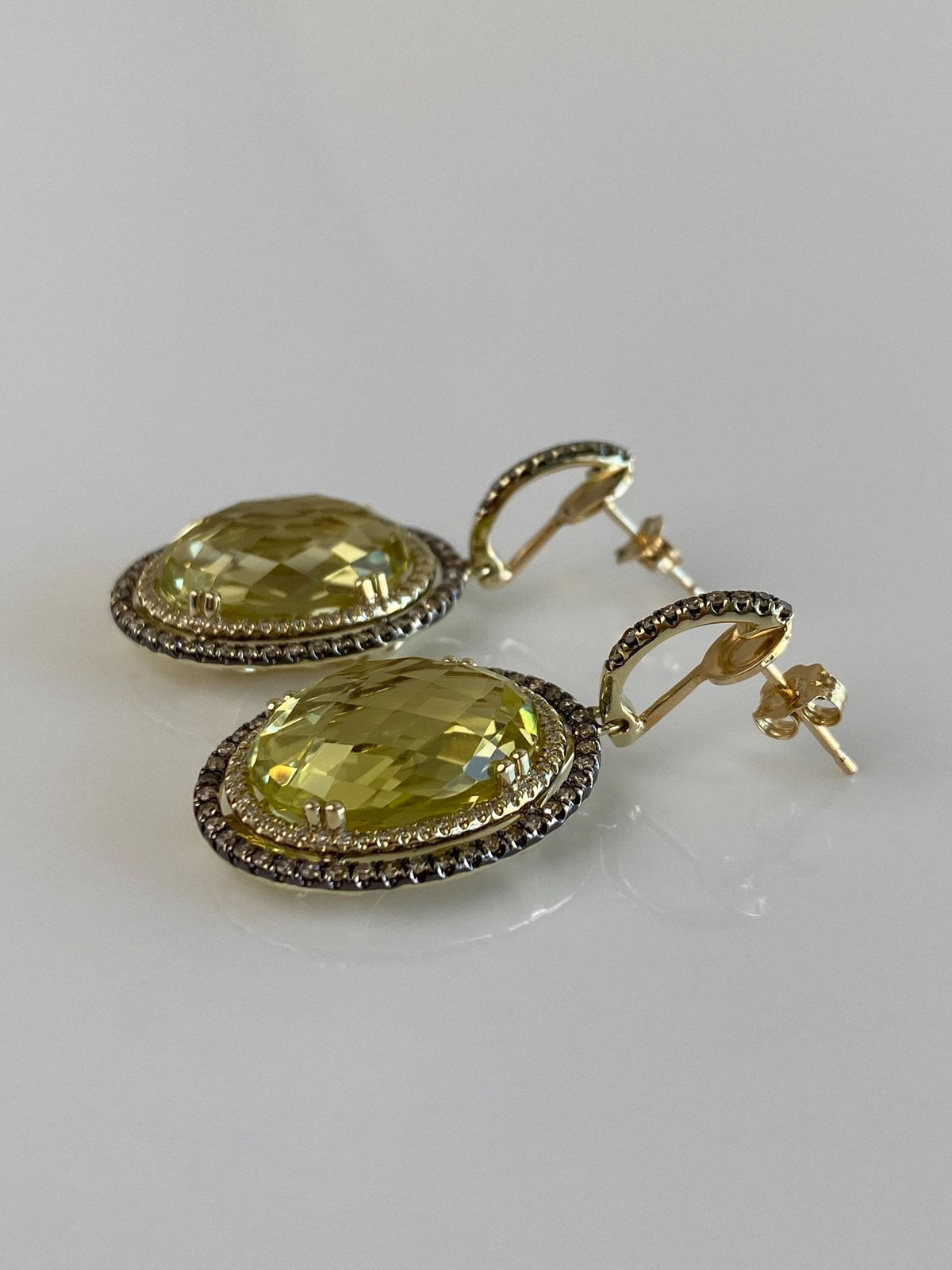 Solid 14k Yellow Gold Brown & Clear Diamond Halos Faceted Lemon Quartz Dangle Stud Earrings